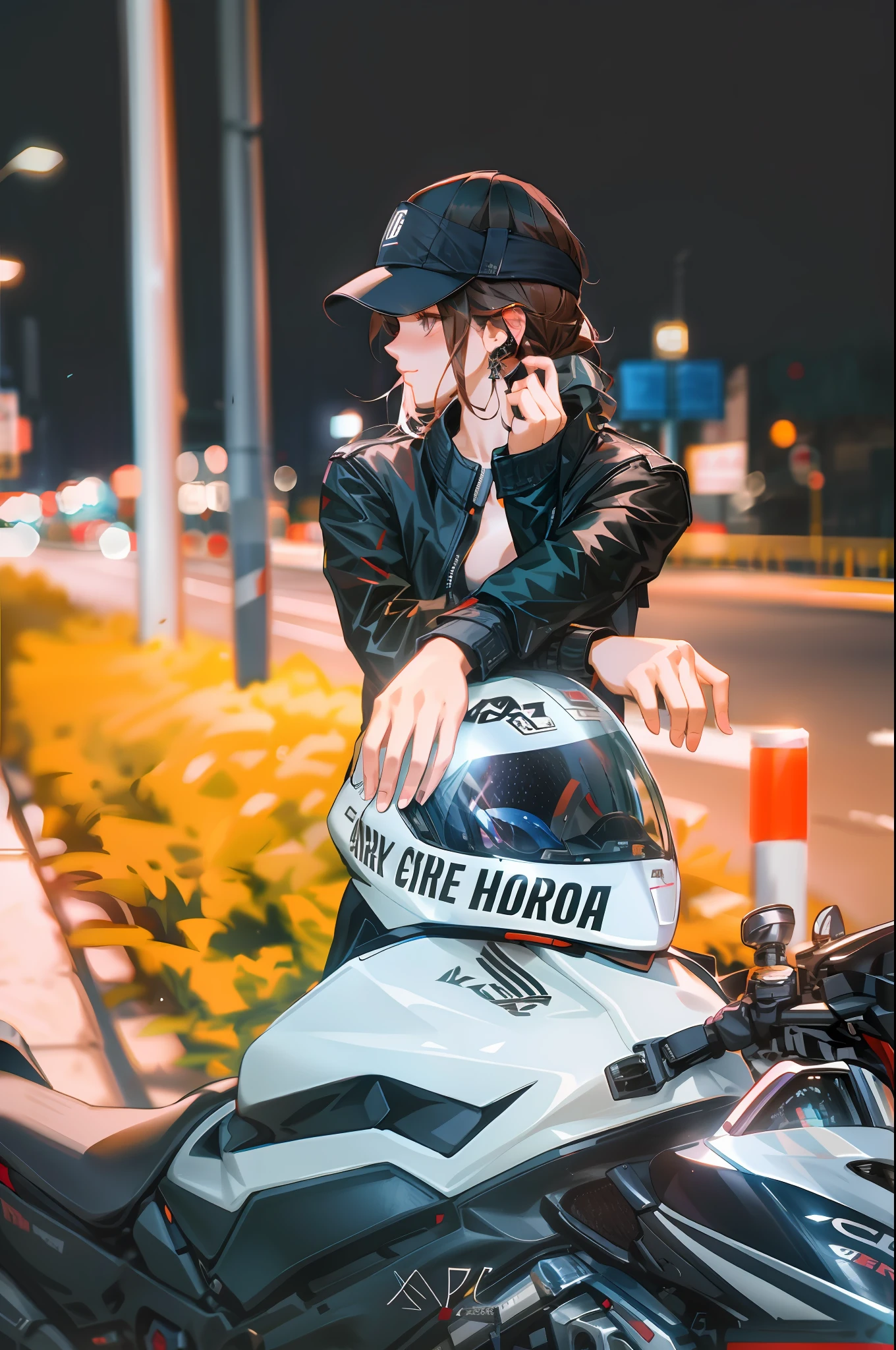 (Street fashion photography + technology elements), dark texture Arad female rider, black jacket hat, motorcycle walking in the wind, sports headband, sunset-like tones, full of artistic sense, Canon EOS 5D Mark IV captures this unforgettable moment.