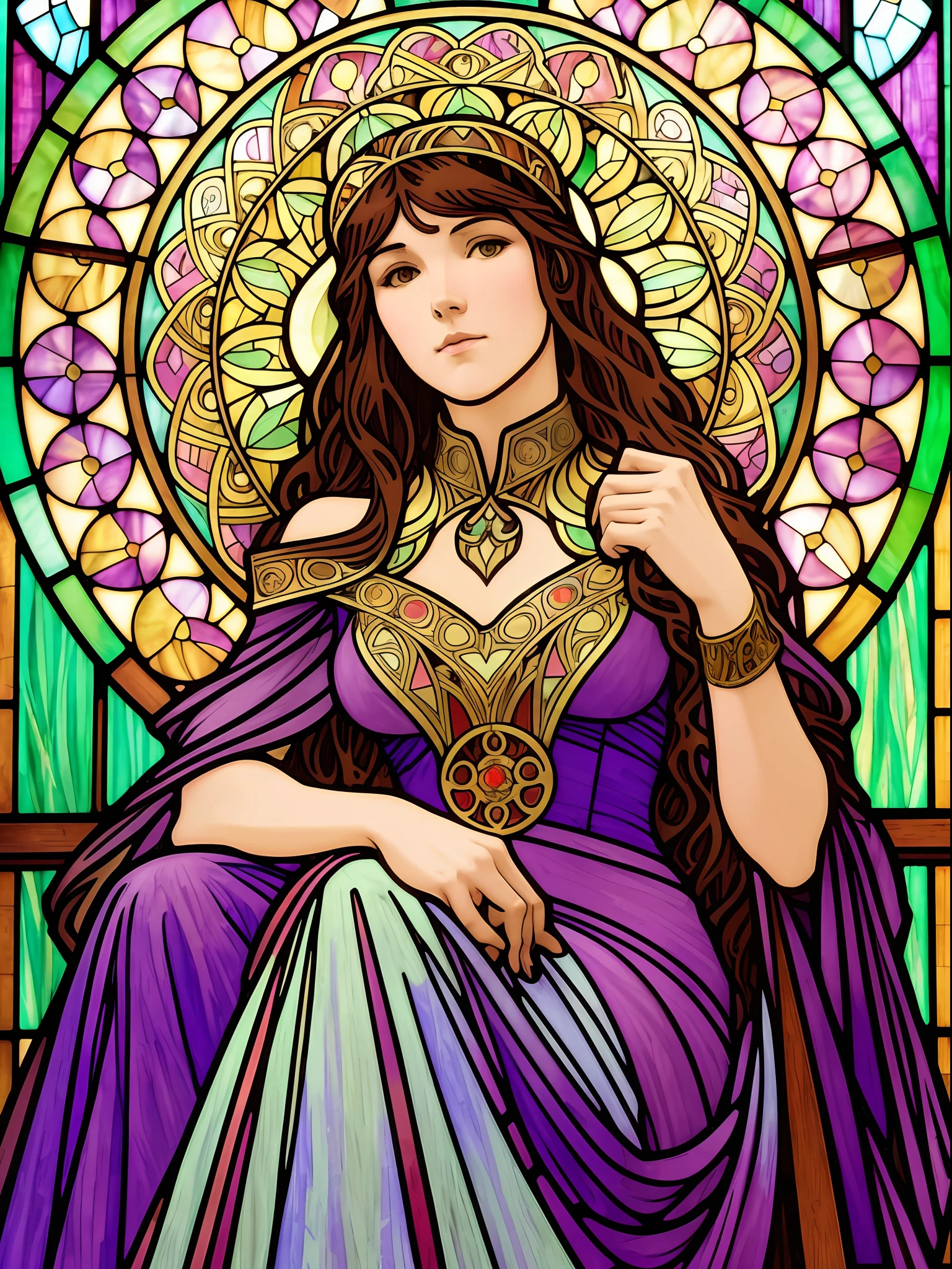 a closeup of a stained glass window with a woman sitting in a chair, masterpiece art nouveau, mucha style 4k, art nouveau, alphonse mucha style, inspired by Alfonse Mucha, mucha. Art Nouveau. gloomhaven, mucha tiffany kilian eng, colorful art nouveau, art nouveau lilith --auto --s2