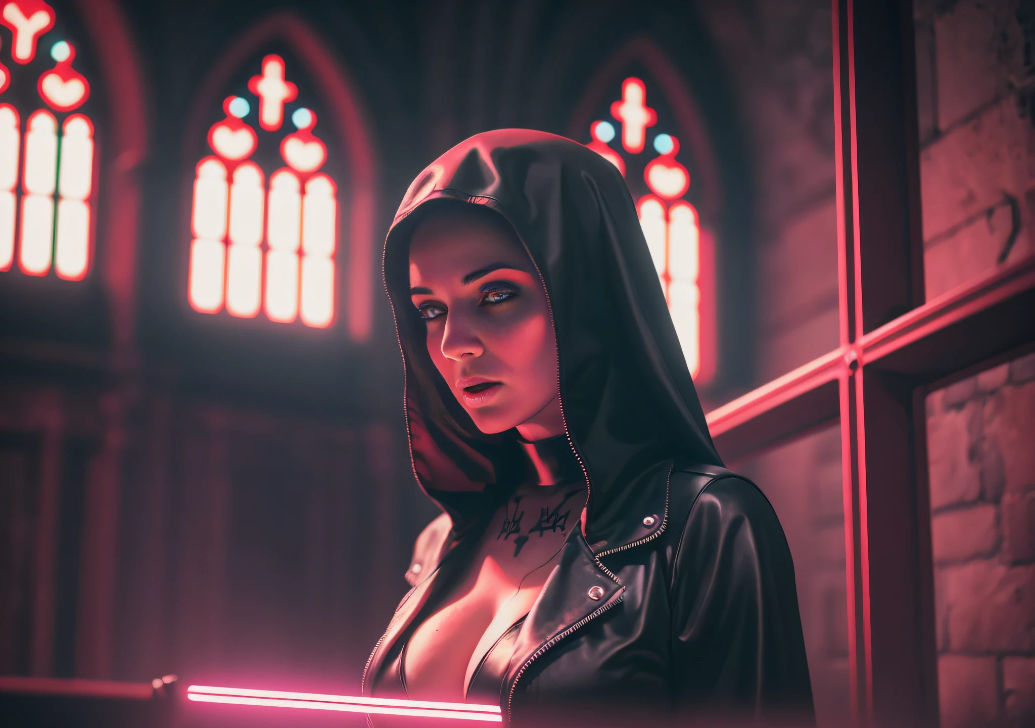 woman dj nun, dark, horror, red tones, gothic church in the background, ultra realistic, horror movie lighting, scary, chaos, neon lights in the background, realistic, dark, huge breast, Fujifilm Fujichrome Provia 100F movie, flashlight, ultra realistic, 8K UHD. --auto --s2