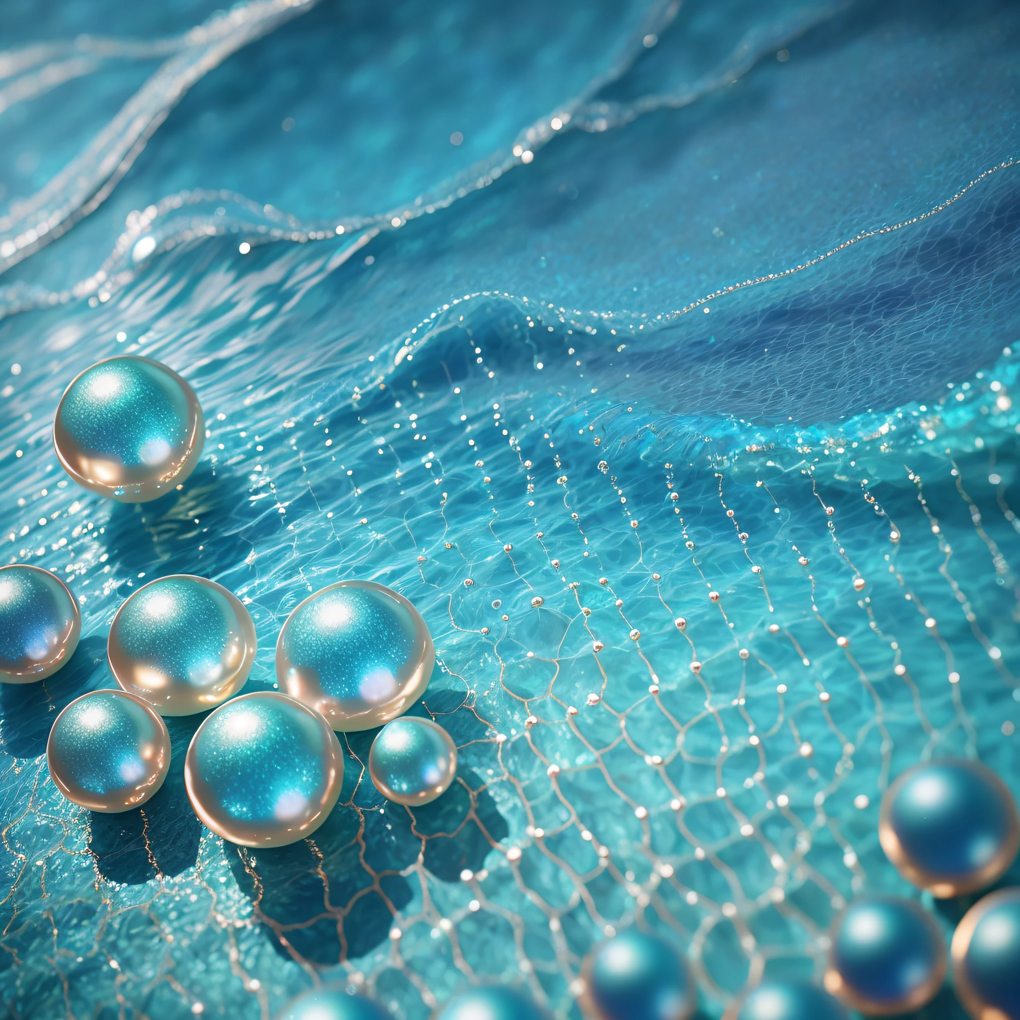 there are many pearls on a blue cloth with a net, 3 d fluid simulation render, soft iridescent membranes, water particles, floating molecules, water particules, metamorphosis complex 3d render, soft opalescent membranes, closeup cinematic aquatic scene, iridescent membranes, wave of water particles, liquid simulation background, synthetic bio skin