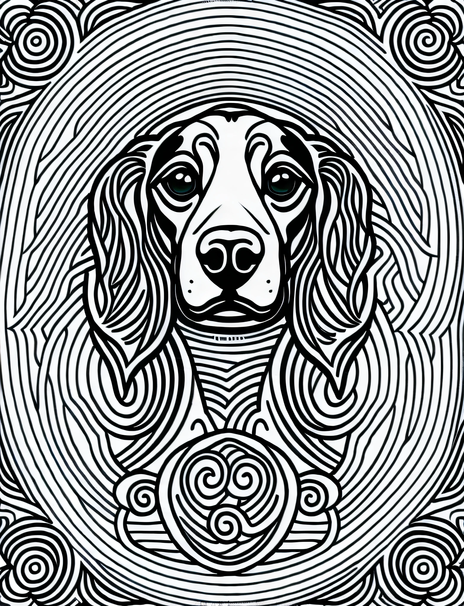 a dog style Dachshund, fantasy, magical, mandala, happy, black and white, equal wavy lines, realistic line art drawing, coloring book page, no noise, sharp thick lines, contour art, centered image, isolated on a white background