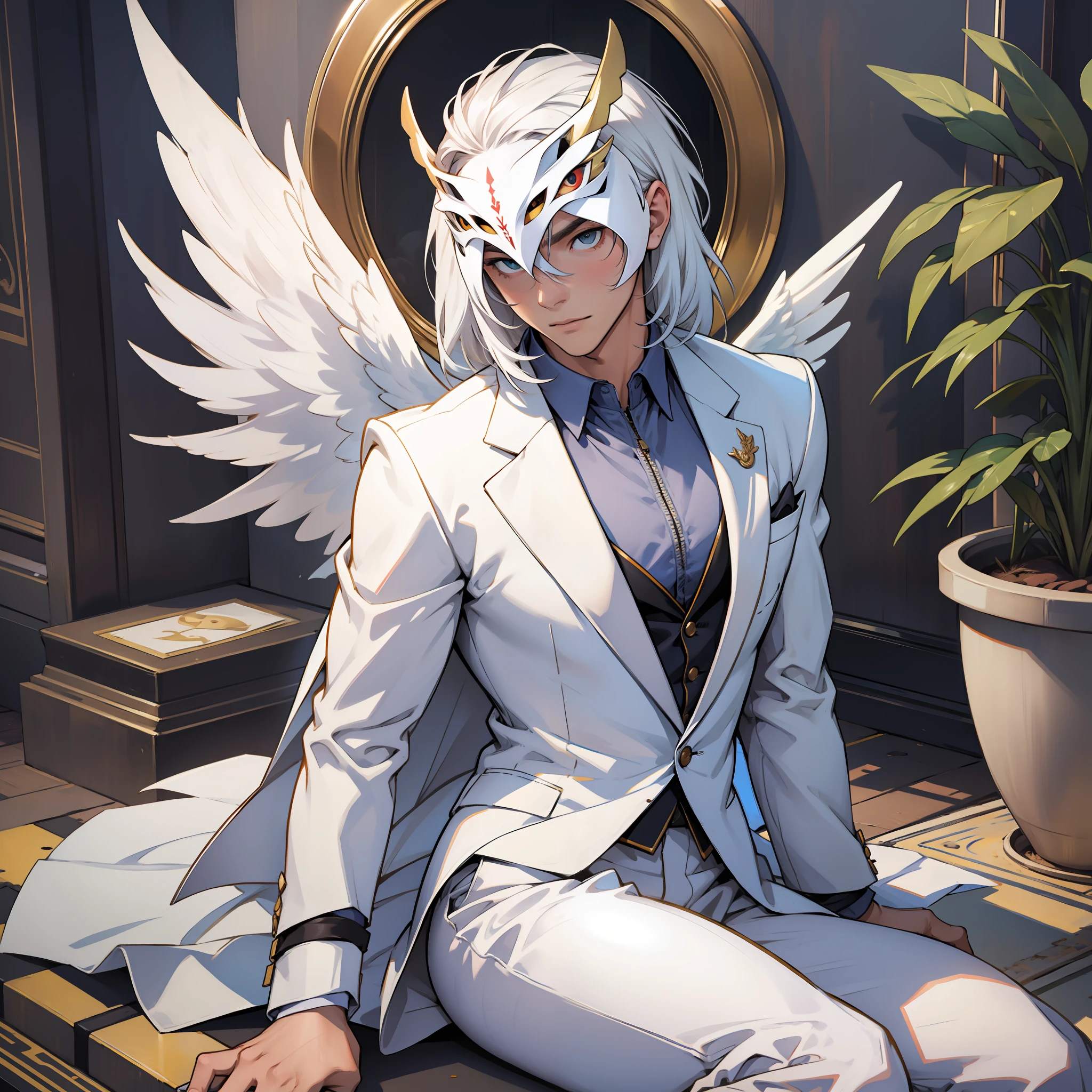 man, angel mask, white suit