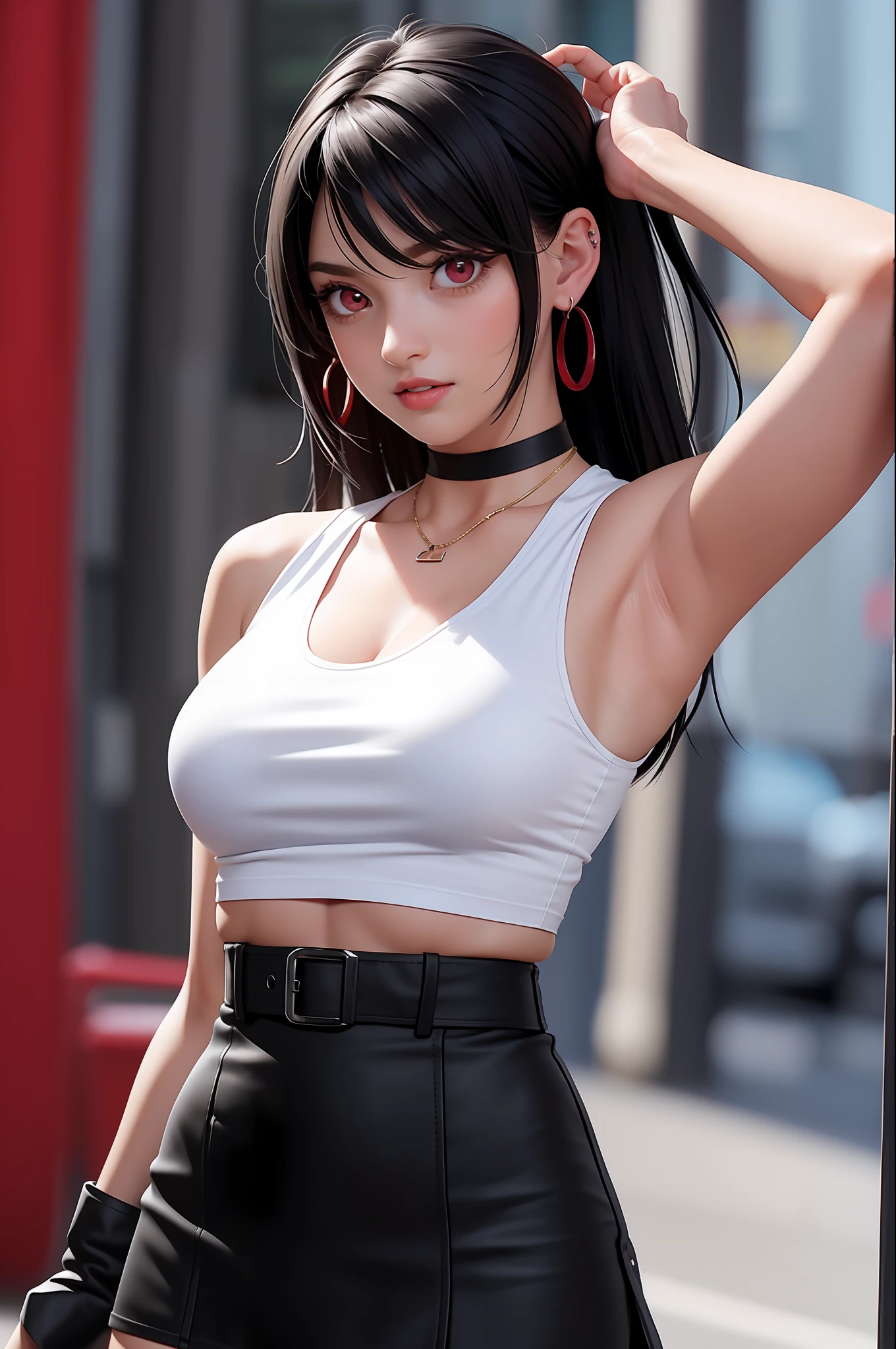 masterpiece, best quality,3d rending work ,3DMM style,close-up, 3D,1girl, solo, black hair, teardropshaped earrings, realistic, upper body, urban city background, bangs, long straight black hair, parted lips, choker, makeup, (white tank top:1.3), (red eyes:1.3) tifa lockhart, (perky breasts:1.5) cleavage, exposed stomach, toned abs, toned arms, (black miniskirt1.2) suspenders, stockings