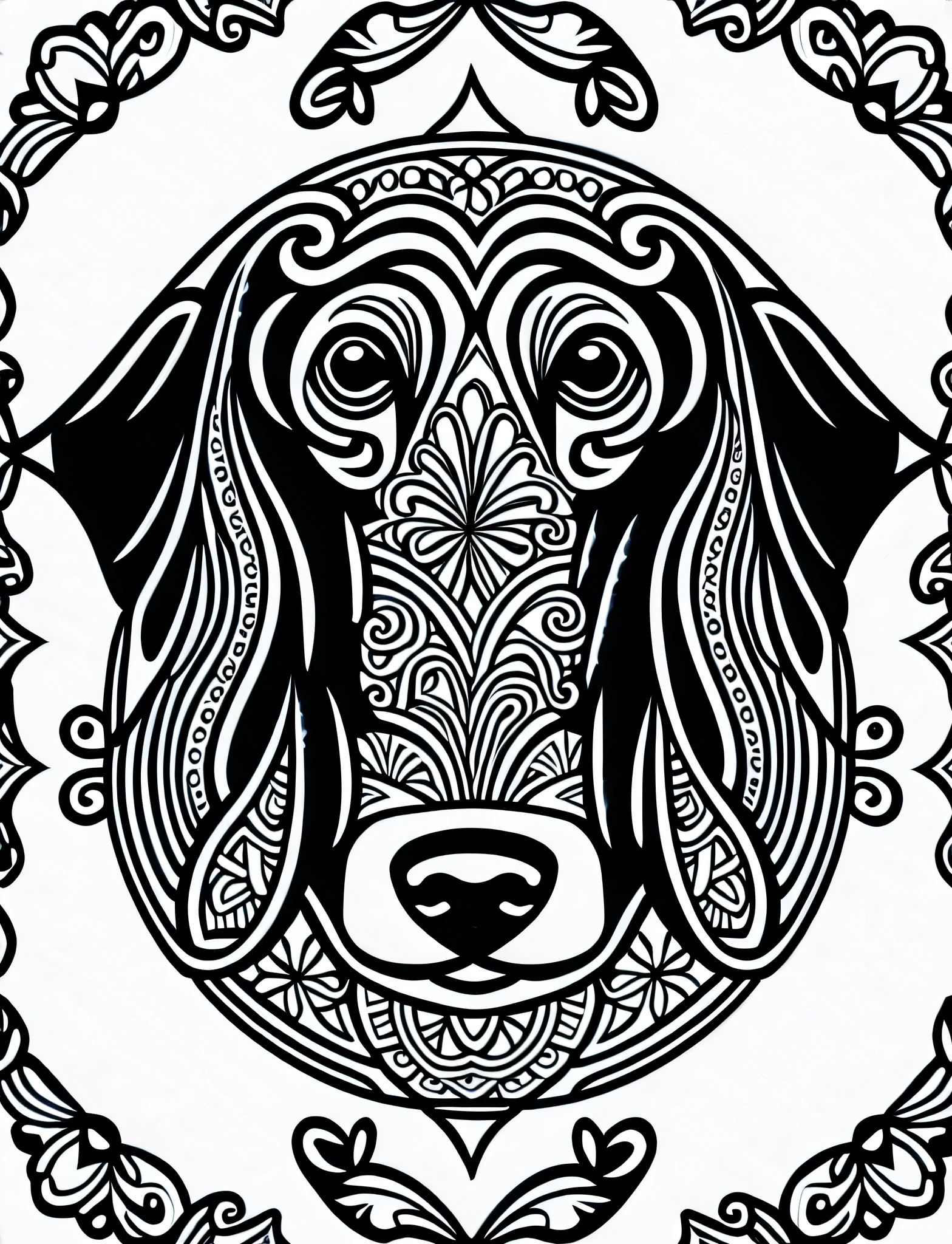 a dog style Dachshund, fantasy, magical, mandala, happy, black and white, equal wavy lines, realistic line art drawing, coloring book page, no noise, sharp thick lines, contour art, centered image, isolated on a white background