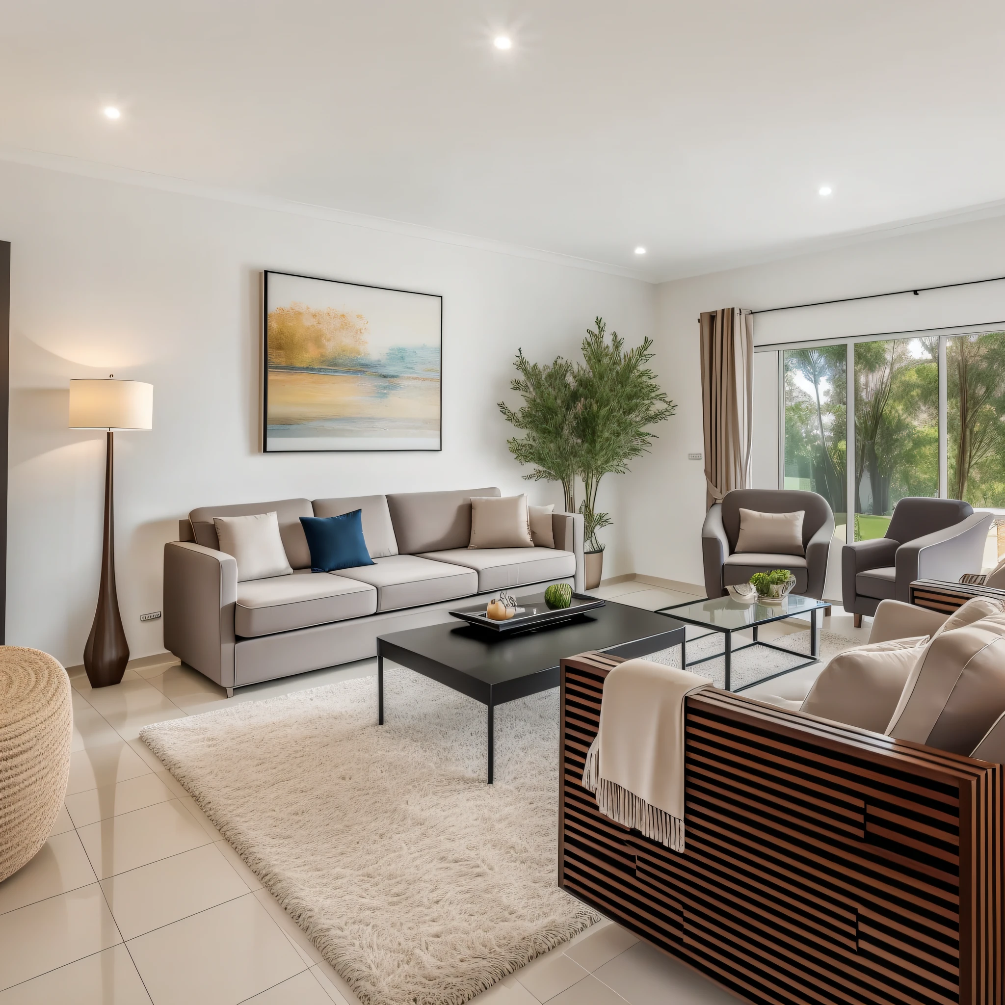 spacious living wing, elegant fireplace, warm atmosphere, soft lighting, modern furniture, contemporary art pieces