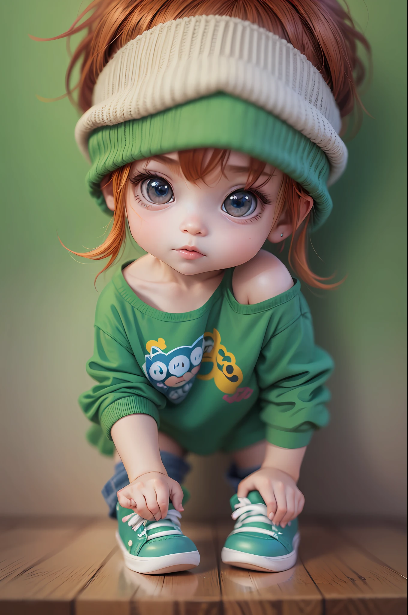 Chibi a cartoon with a green shirt and blue shorts, adorable digital painting, cute digital art, cute detailed digital art, cute portrait, cute art style, cute detailed art, cartoon art style, super cute funky redhead girl, kawaii realistic portrait, cute cartoon style, cute cartoon character, (((chibi))) beautiful art, digital cartoon painting art, cartoon style illustration, realistic cute girl painting --auto --s2