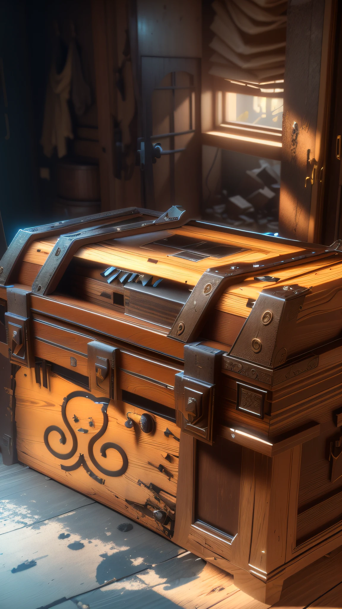 a large chest, in an abandoned sla, rendered in Unreal Engine, 3D, Unreal Engine 5