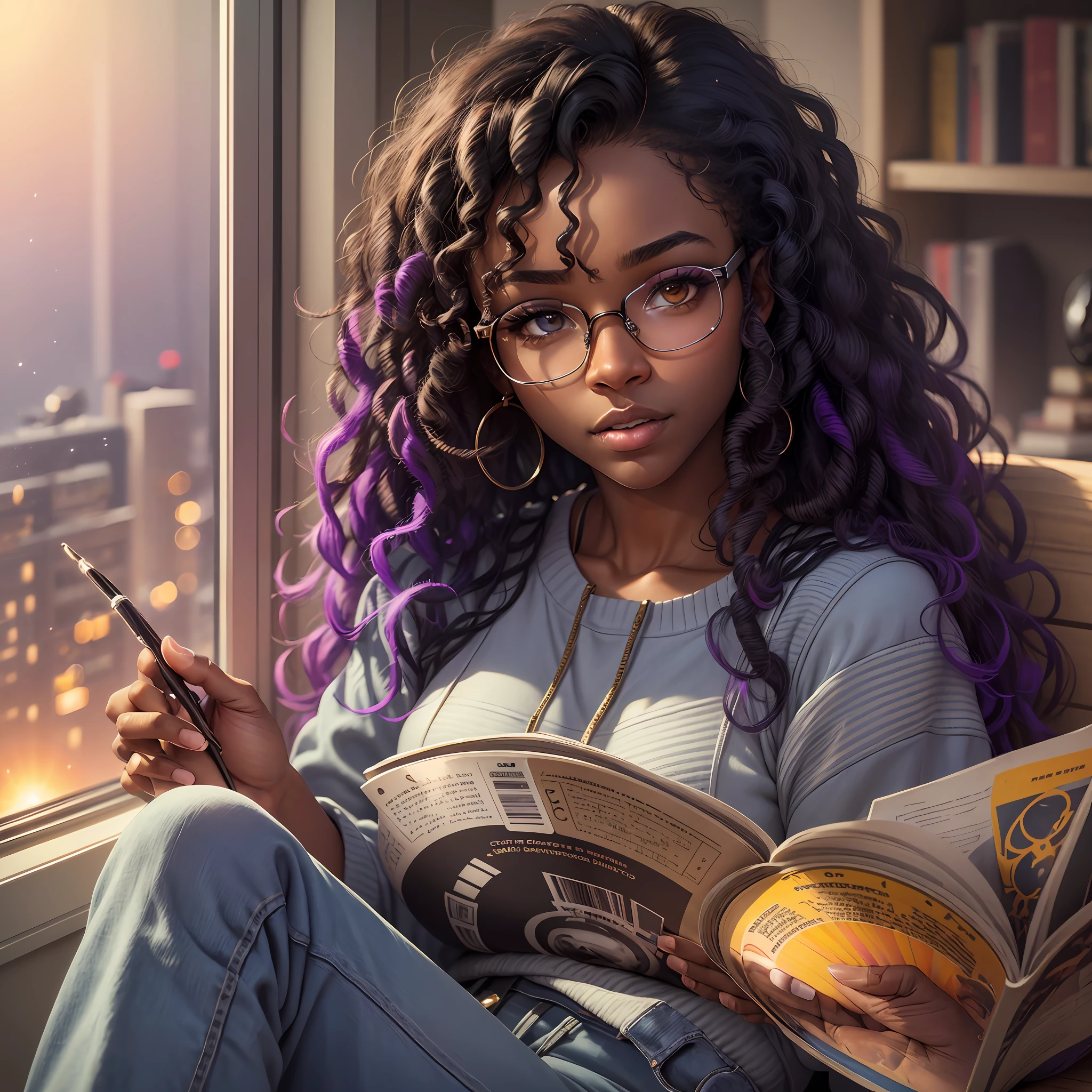 realistic portrait of a cute twenty-year-old African-American girl ((dark skin color)) reading a book, ((sitting in a chair by the window during a sunset)), ((wearing glasses, suffers from heterochromia)) dressed in a purple sweatshirt and jeans, current fashion, long curly hair, mega curly, ((kanekalon)), dark background lighting, close-up, product vision, detailed facial details, perfect face, sharpness, trend art, sharp facial details, cgsociety, ultra high quality digital art, hyper exquisite details, 4K, 8K soft lighting, dreamy --ISO 100, fashion - --auto --s2