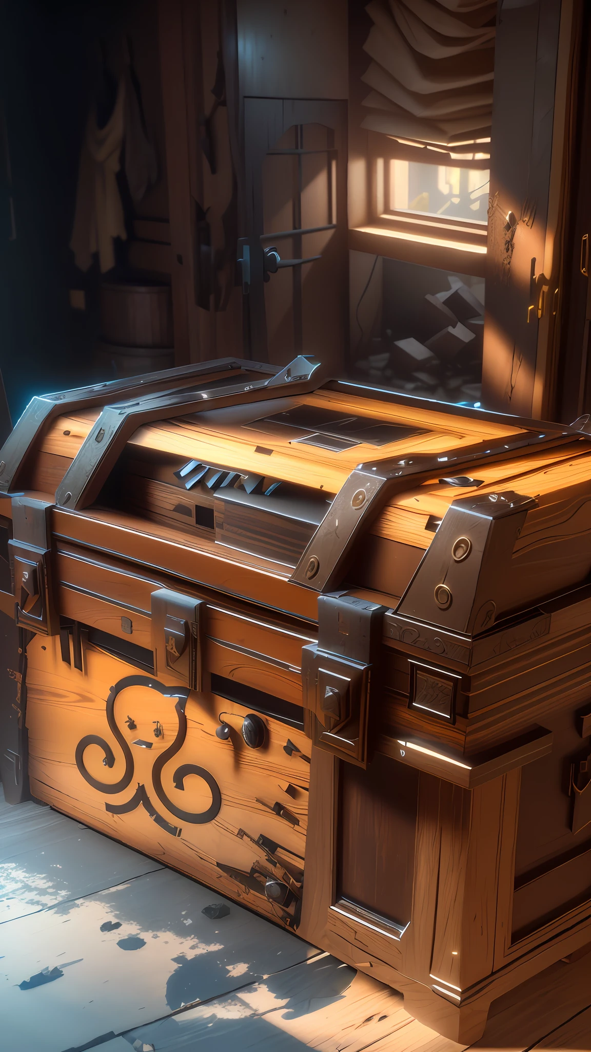 a large chest, in an abandoned sla, rendered in Unreal Engine, 3D, Unreal Engine 5