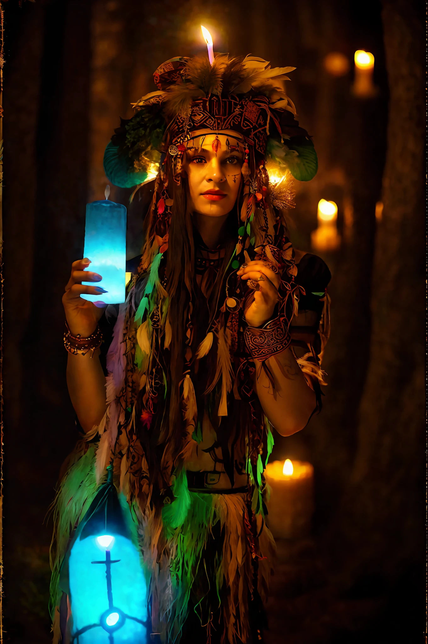 arafed woman with a candle and feather headdress holding a candle, gothic maiden shaman, shaman witch, she is dressed in shaman clothes, pagan goddess, a young female shaman, russian shaman, wholesome techno - shaman lady, beautiful young female shaman, viking shaman, beautiful female druid, attractive tiefling druid, witch woman, witch - doctor, female troll shaman