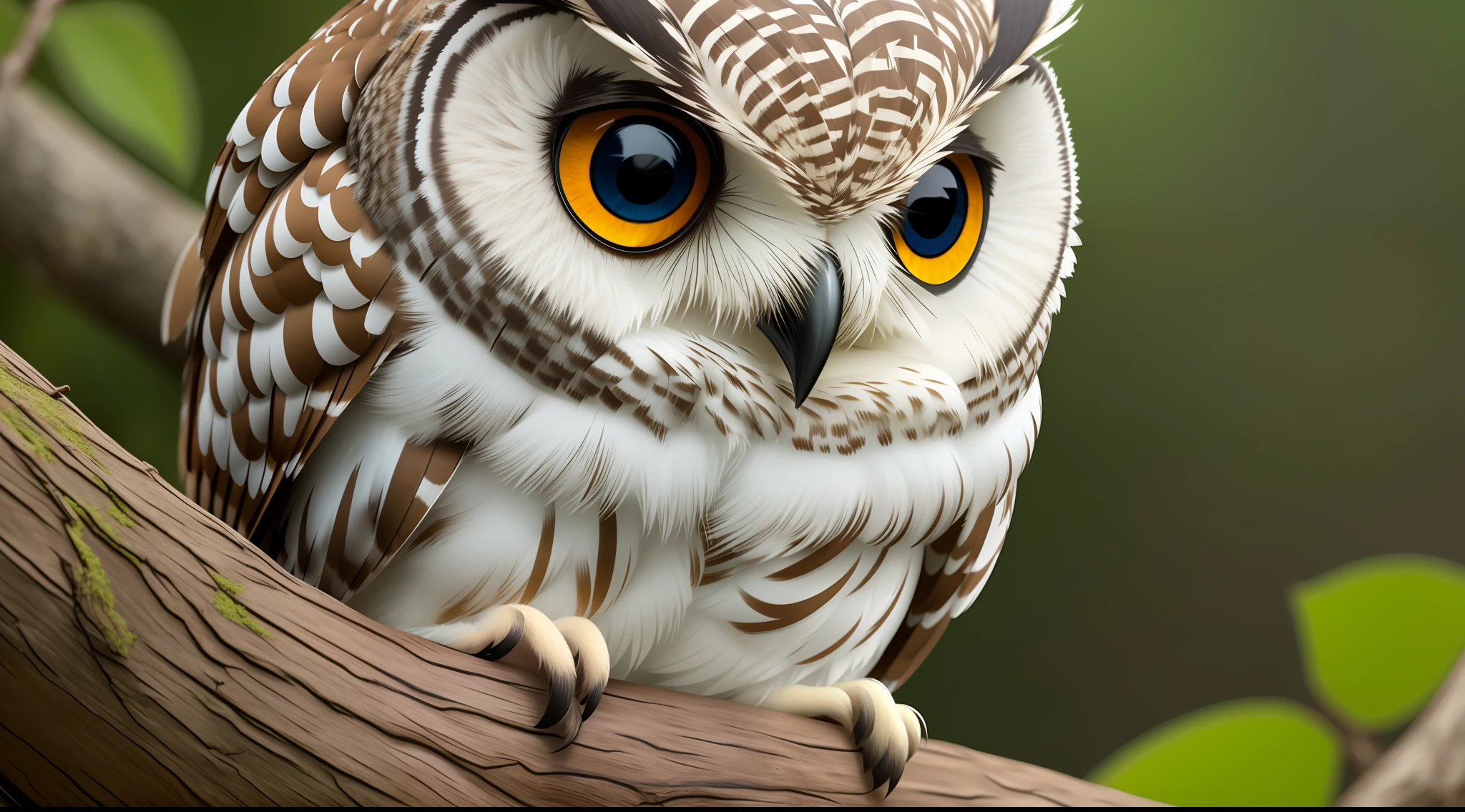 Very cute owl puppy perched on a tree trunk, close-up photo, very large and detailed eyes, best quality, uhd, 8k, 4d cinema, animated movie character
