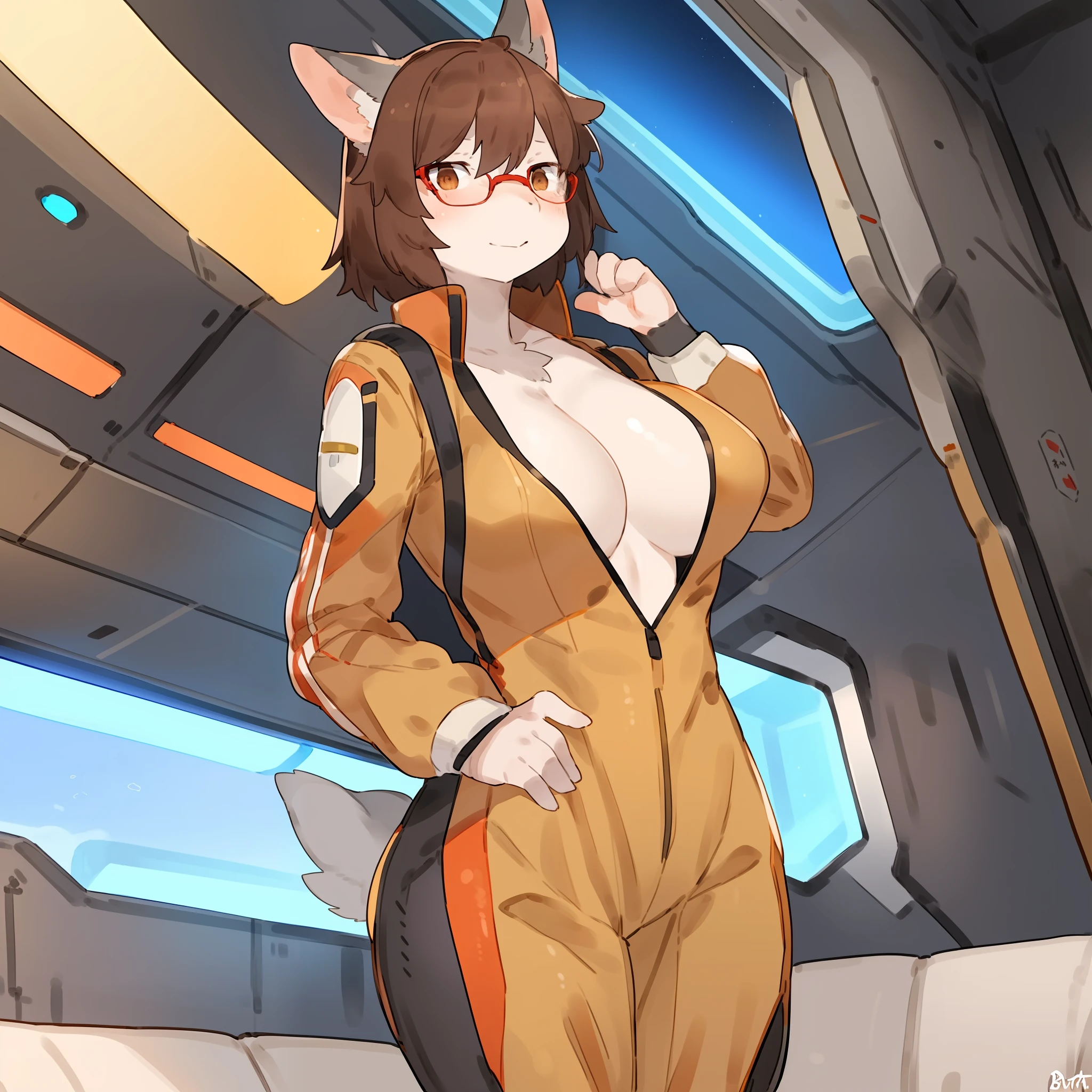 (((By buta99))), by bebebebebe, by pgm300, by suurin 2, by kishibe, solo, female, cleavage, hair, orange spacesuit, red glasses, grey fur, grey body, brown hair, brown eyes, detailed eyes, masterpiece, high resolution, hi res, spaceship, window