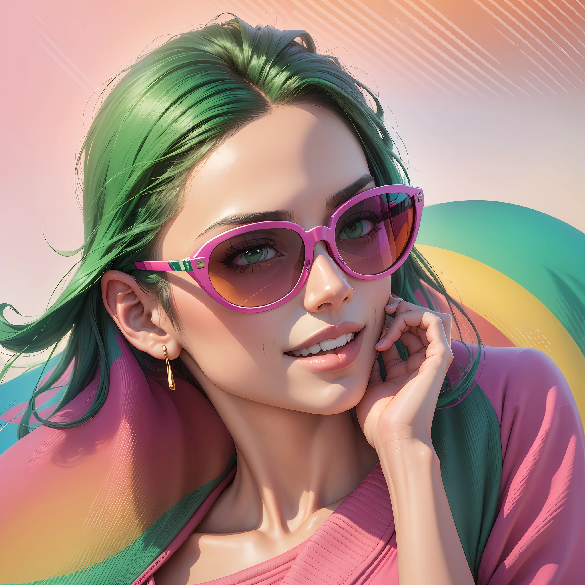 Create a pair of rounded sunglasses that seamlessly blend fashion and functionality while providing style and sun protection with bold colors like pink and green --auto --s2