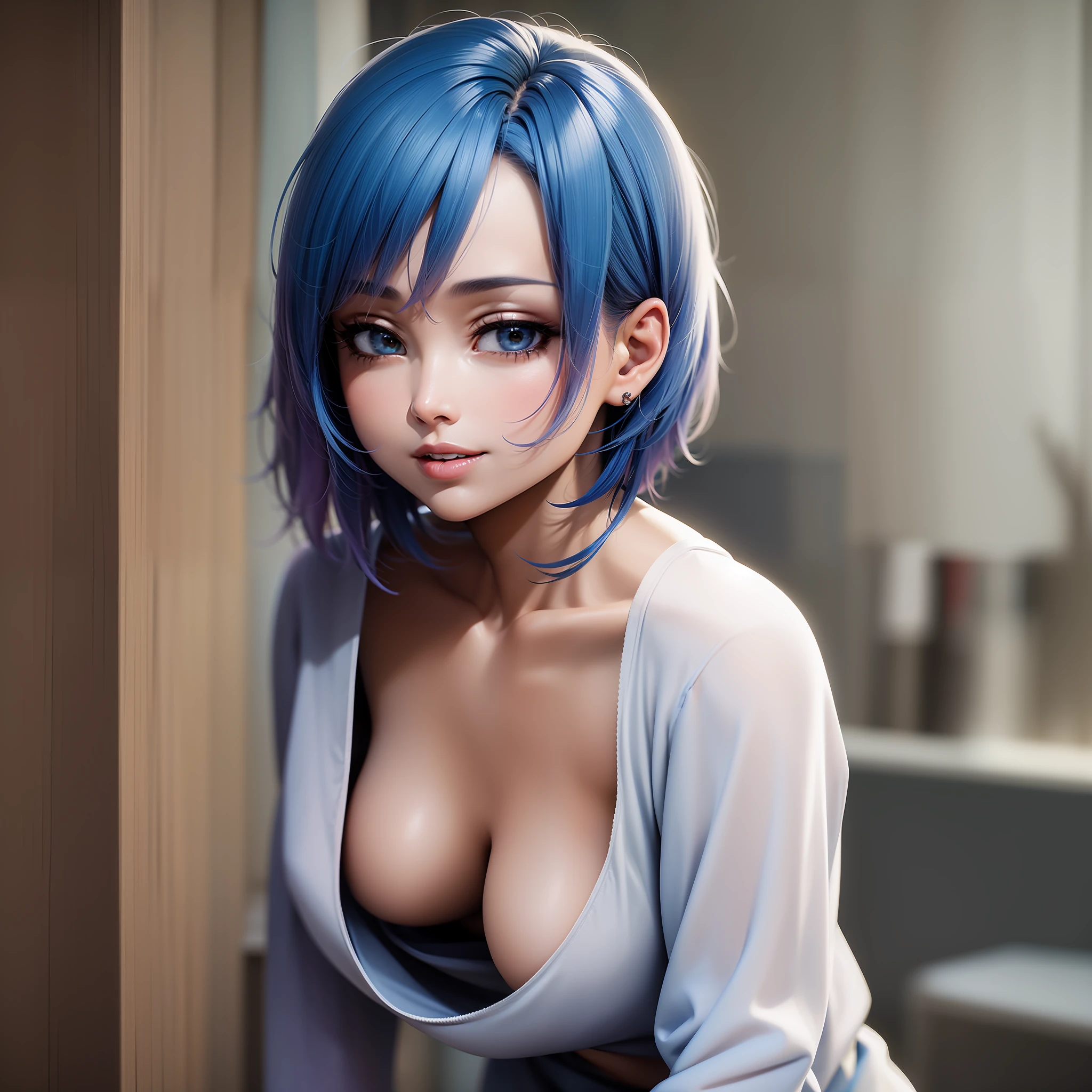 A beautiful slim asian girl with short pastel blue hair bending down from the waist, smiling, happy, wearing a loose fitting shirt, downblouse, 4k, realistic, ecchi, highly detailed, 18 year old teen, makeup, red-lips, slightly blushing, right hand holding right breast