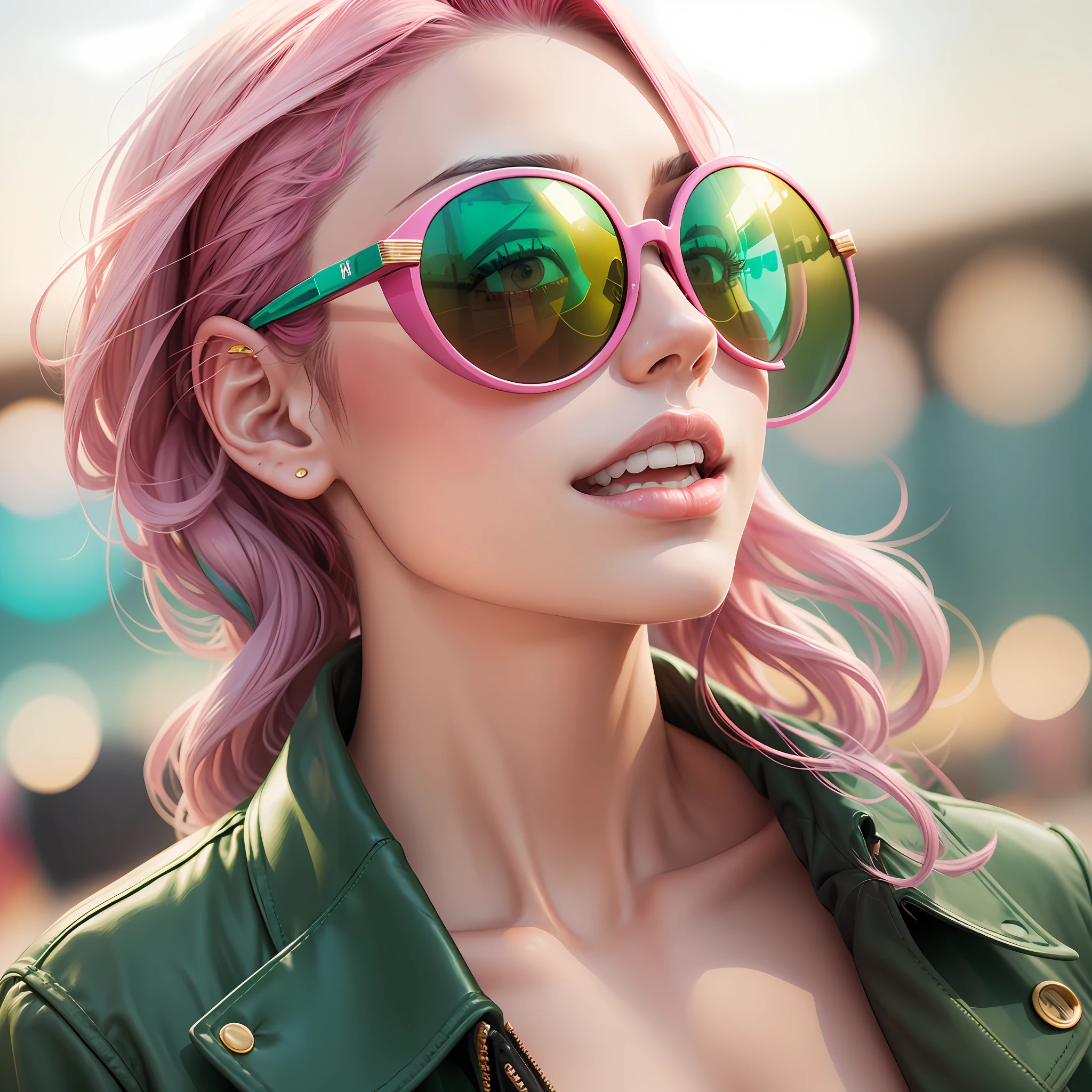 Create a pair of rounded sunglasses that seamlessly blend fashion and functionality while providing style and sun protection with bold colors like pink and green --auto --s2