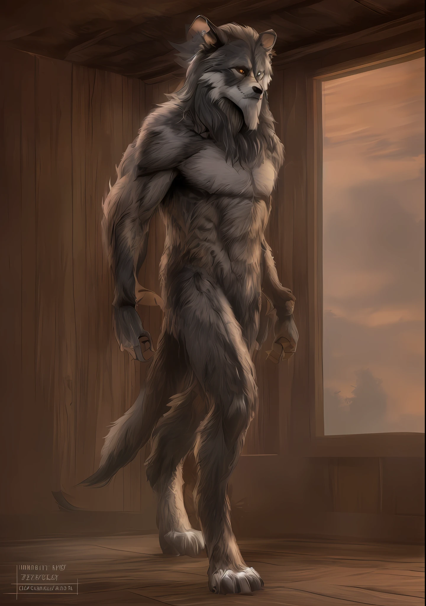 a closeup of a furry animal standing on a wooden floor, stunning sashauch, in a creepy wooden barn (((((perfect))) tall and skinny wolf hybrid, beast-man concept, muscular werewolf, cute hairy humanoids, detailed full-body concept, werewolf man, realistic creature concept, humanoid ape fantasy race, humanoid creature,  werewolf?, a minotaur wolf, beautiful full-body concept art