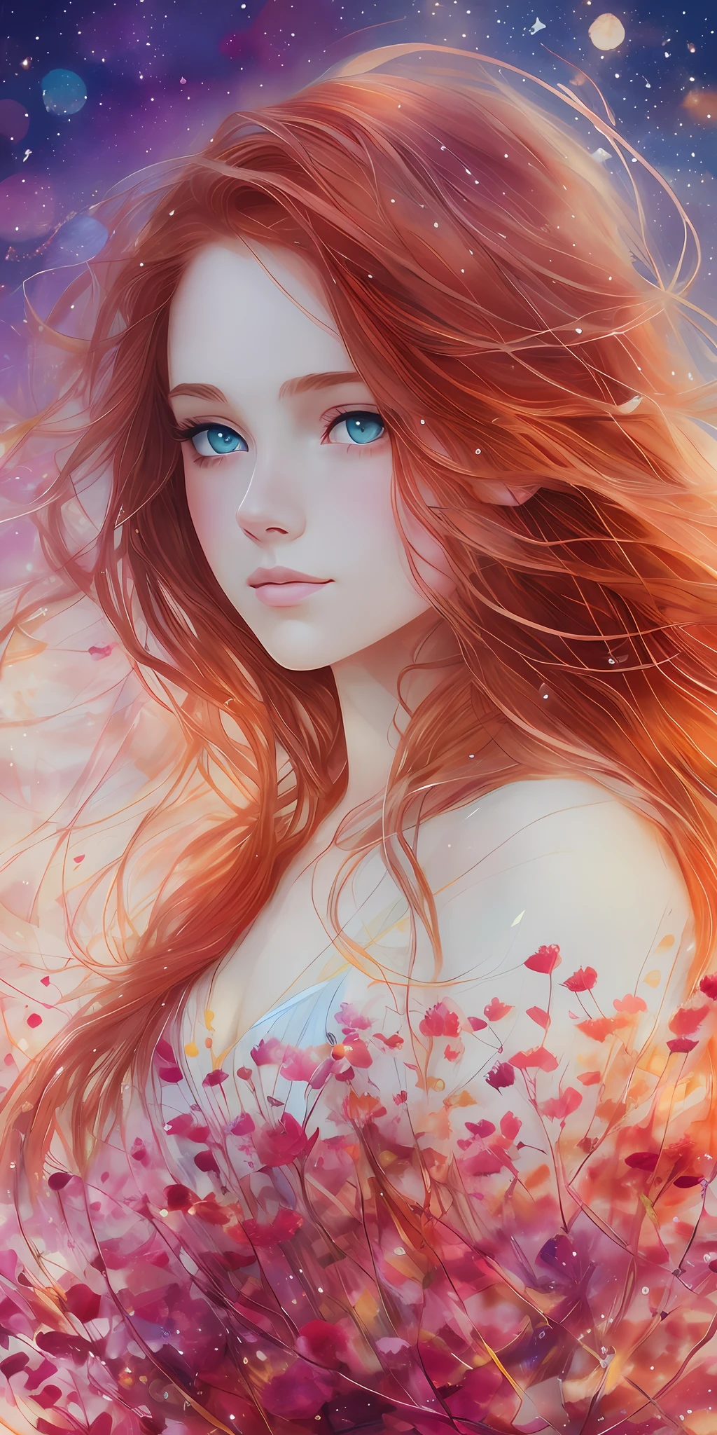 Highest Quality, ultra resolution, 8k, masterpiece, ultra detailed, a woman by agnes cecile, beautiful face, slight smile, beautiful eyes, serene, redhead, abundant wavy hair, luminous design, pastel colors, ink drops, autumn lights, rose background, background