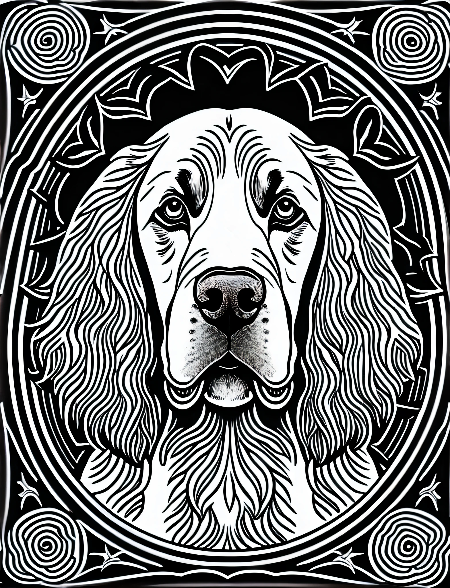 an American Cocker Spaniel style dog, fantasy, magical, mandala, happy, black and white, equal wavy lines, realistic line art drawing, coloring book page, no noise, sharp thick lines, contour art, centered image, isolated on a white background