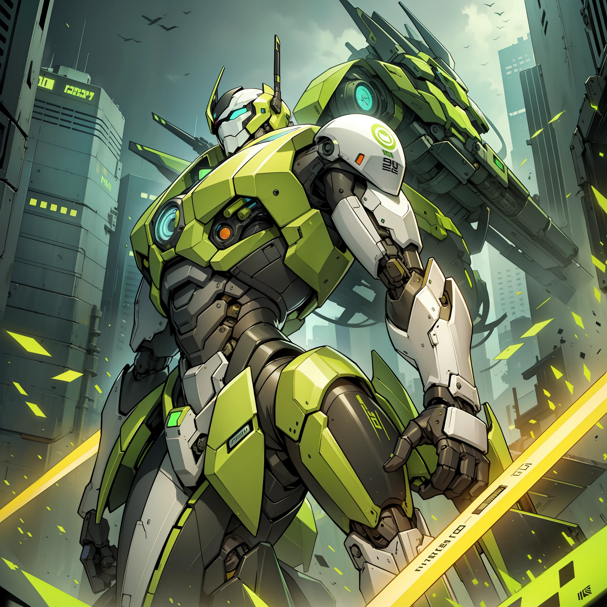 Humanoite robot, mech, yellow color with green, radioactive, with many weapons and