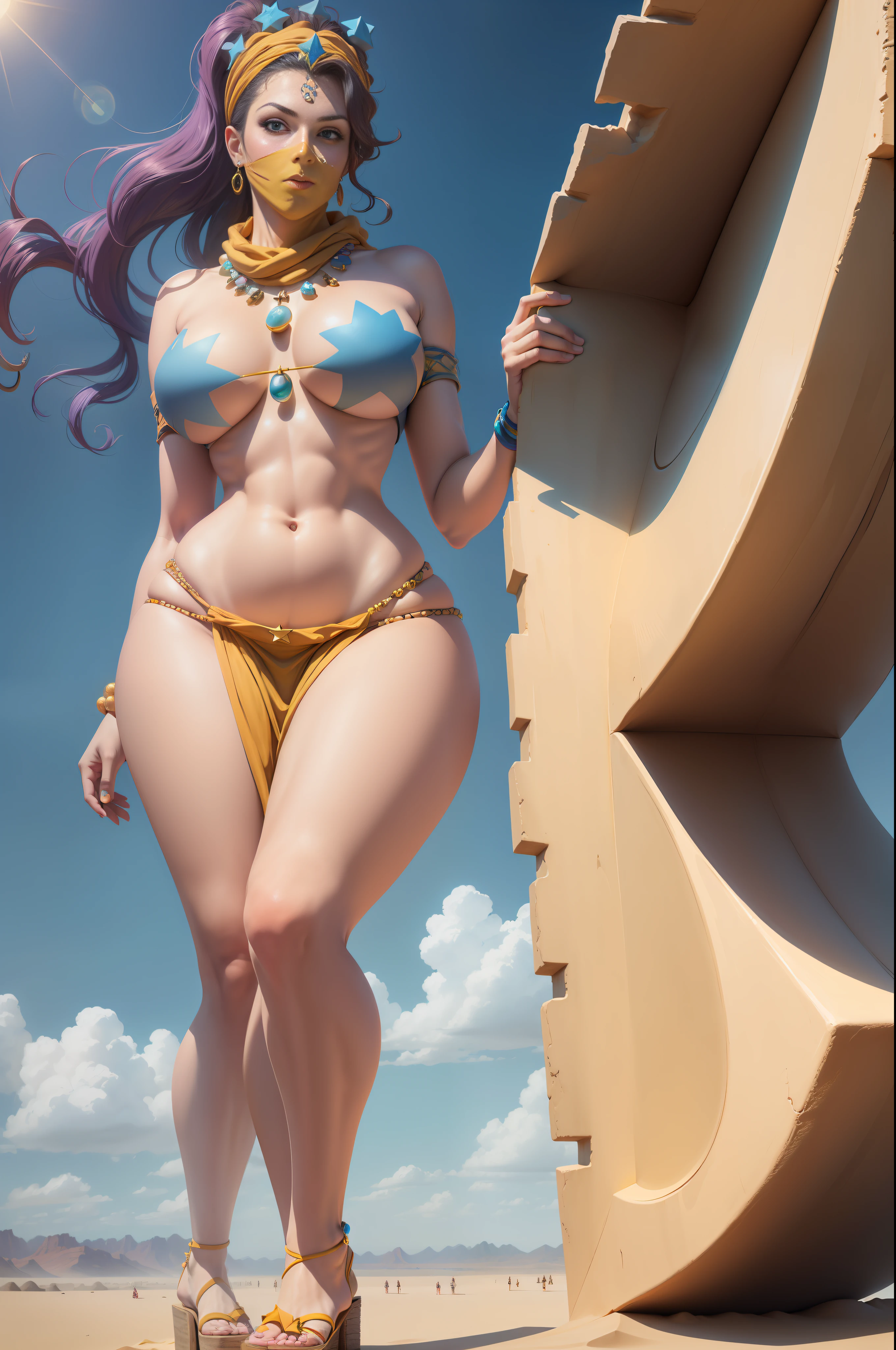 masterpiece, best quality, 1girl, solo, giant, giant, (((towering over you))), (full body), midler, earrings, necklace, headband, yellow scarf, star-shaped pastels, breasts large, yellow thong, sandals, sitting, sand, desert, sky, sun, sideways