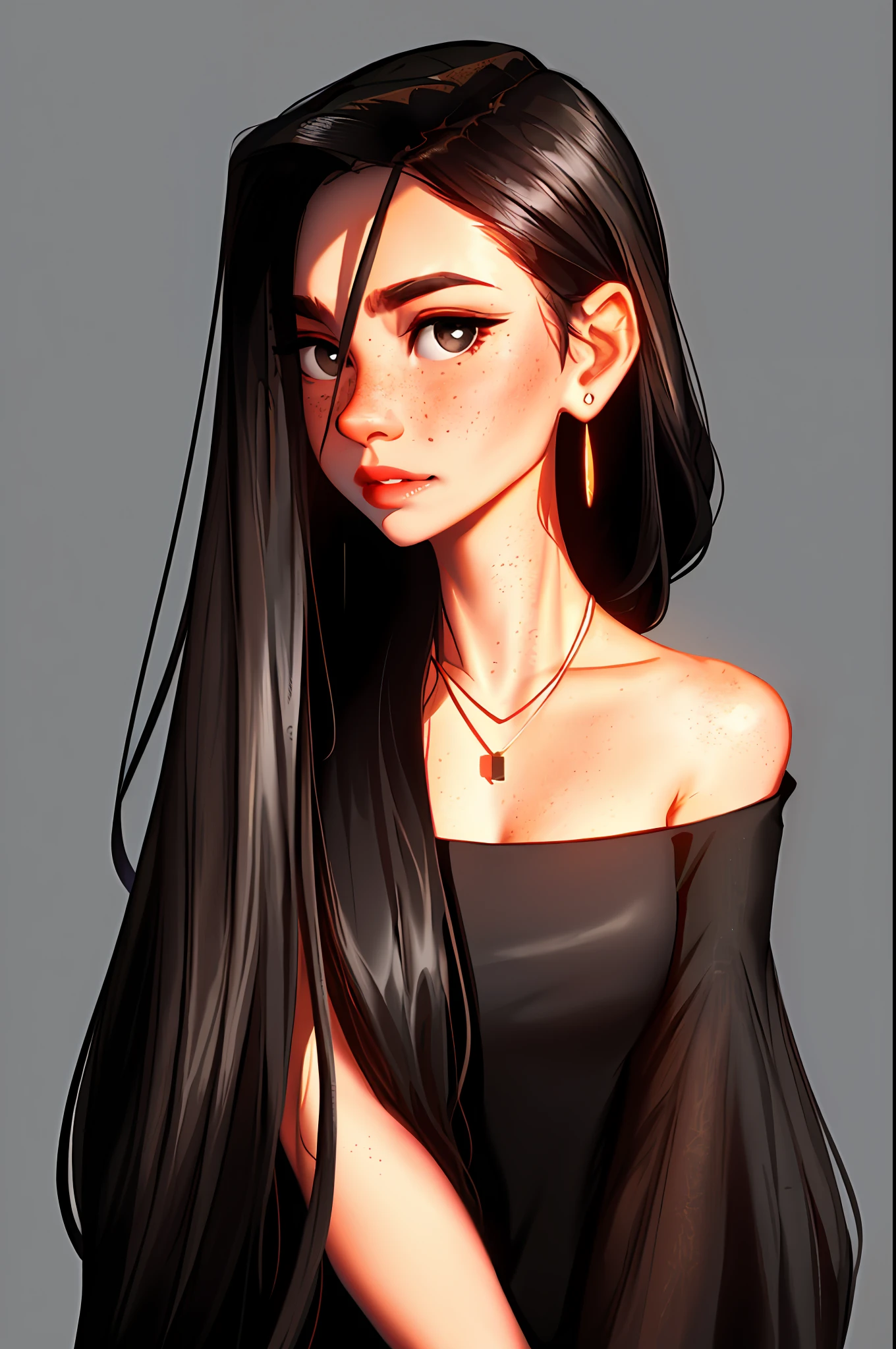 Sam Yang, 1girl, black feel dress, back, bare shoulders, black eyes, dark circles, outlined in eyes, dark hair,medium hair, straight hair, earrings, freckles, jewelry, lips, long hair, looking at viewer, looking back, necklace, off shoulder, lips parted, portrait, day, depth of field, solo, ((masterpiece))