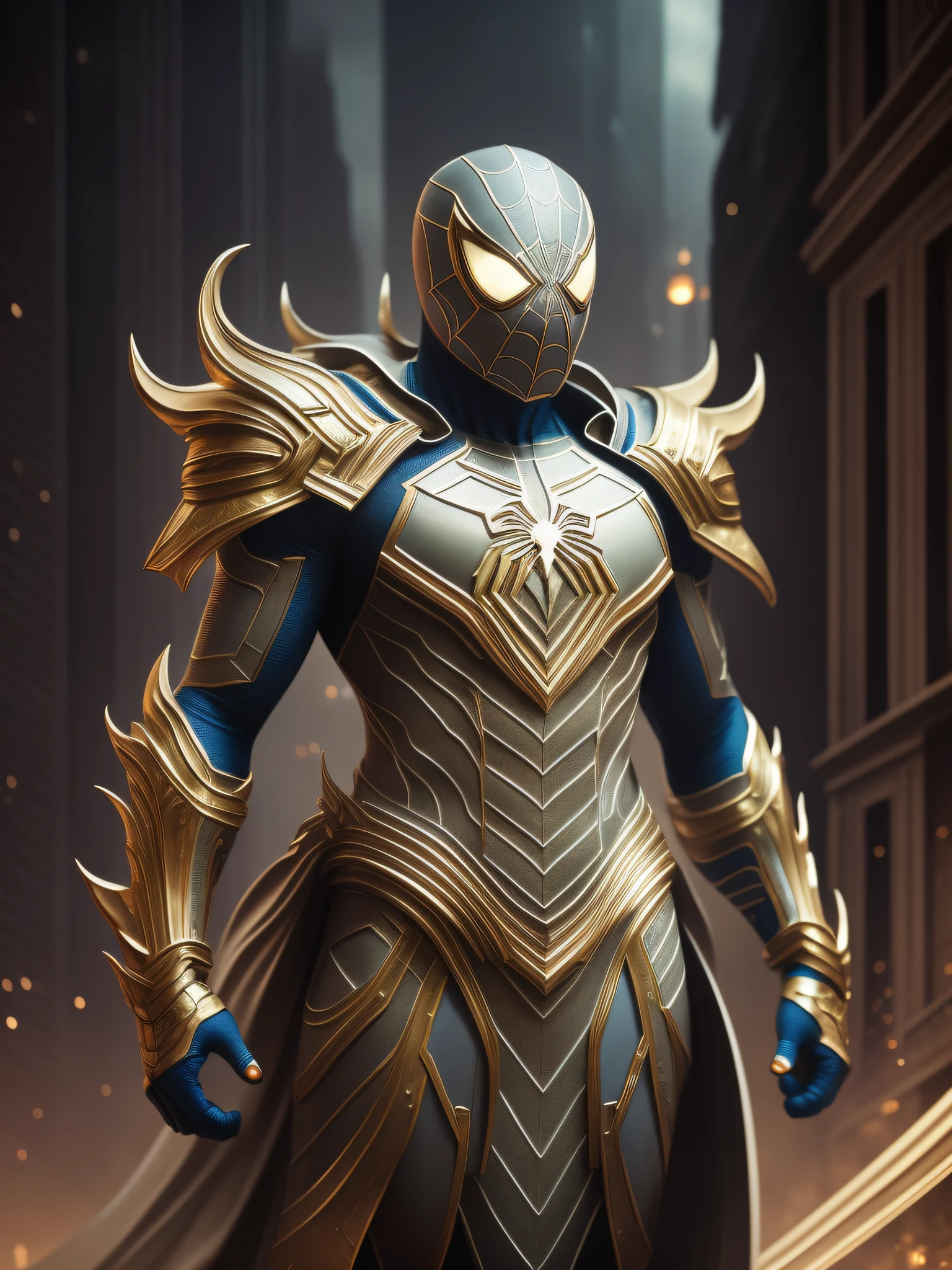 full body shot of spiderman in white and gold armour style suit, no mask on, white cape, looking at center camera, perfect composition, beautiful detailed intricate insanely detailed octane render trending on artstation, 8 k artistic photography, photorealistic concept art, soft natural volumetric cinematic perfect light, chiaroscuro, award - winning photograph, masterpiece, oil on canvas, raphael, caravaggio, greg rutkowski, beeple, beksinski, giger, trending on artstation, sharp focus, studio photo, intricate details, highly detailed, night city background, by greg rutkowski
