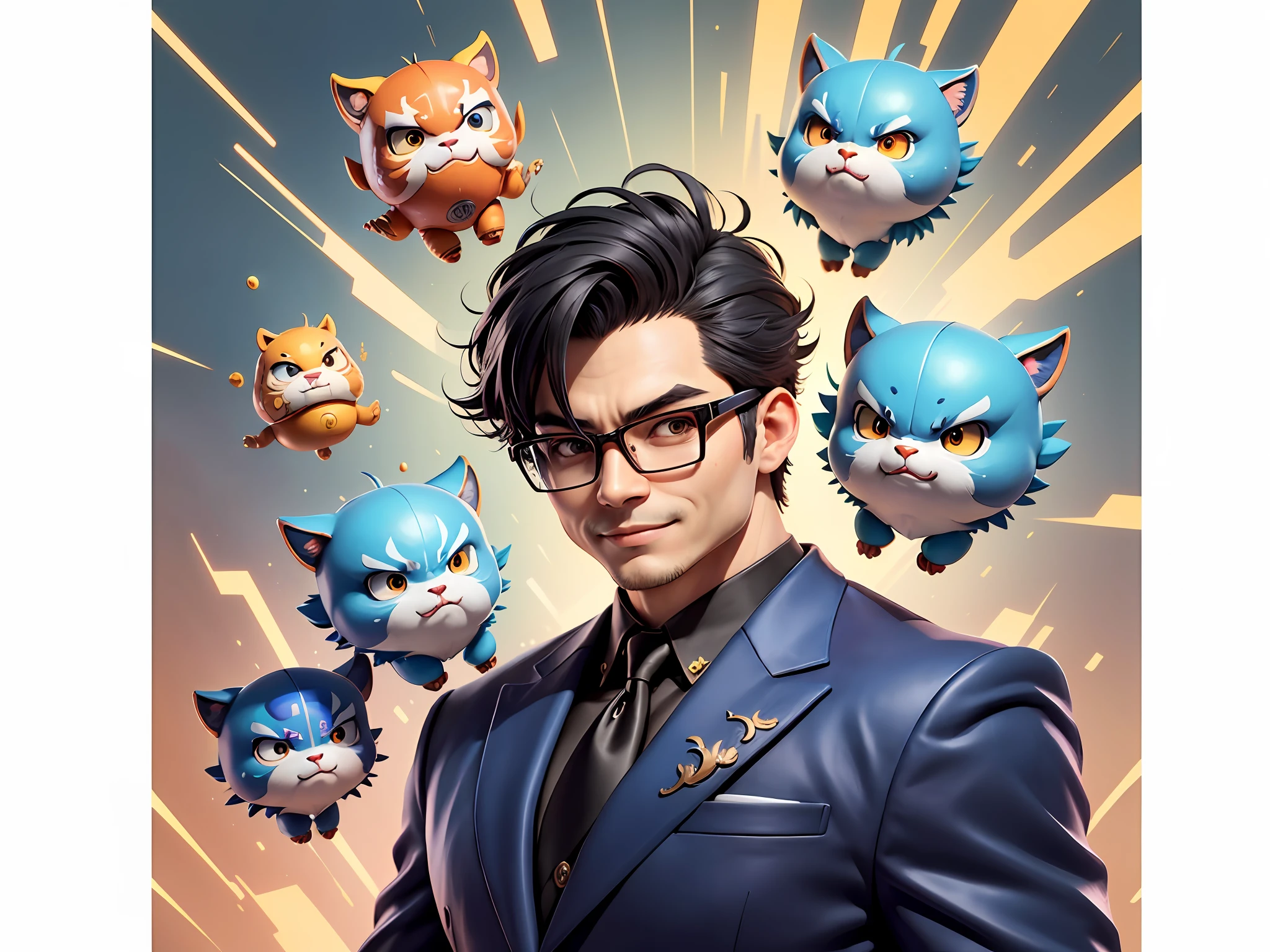 (Masterpiece), (Extreme Quality), (Super Meticulous), (Full Body: 1.2), Super Young Man, Chinese Dragon, Tiger, Wind God Thor, Sexy, Bursting, Oriental Face, TV Anchor, Bust Portrait Illustration, Black Formal Suit, Blue Tie, Slightly Chubby Face, Silver Glasses, Very Clean Face, No Beard on Chin, Black Super Short Hair, Black Eyes, Confident Smile, 3c Computer Sub-Products, iPad, iPhone, Digital Painting, 3D Character Design by Mark Claireden and Pixar and Hayao Miyazaki and Akira Toriyama, The illustration is a high-definition illustration in 4K resolution with very detailed facial features and cartoon-style visuals.