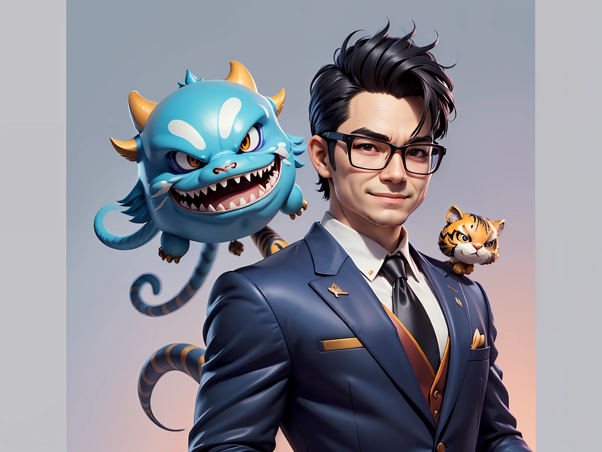 (Masterpiece), (Extreme Quality), (Super Meticulous), (Full Body: 1.2), Super Young Man, Chinese Dragon, Tiger, Wind God Thor, Sexy, Bursting, Oriental Face, TV Anchor, Bust Portrait Illustration, Black Formal Suit, Blue Tie, Slightly Chubby Face, Silver Glasses, Very Clean Face, No Beard on Chin, Black Super Short Hair, Black Eyes, Confident Smile, 3c Computer Sub-Products, iPad, iPhone, Digital Painting, 3D Character Design by Mark Claireden and Pixar and Hayao Miyazaki and Akira Toriyama, The illustration is a high-definition illustration in 4K resolution with very detailed facial features and cartoon-style visuals.