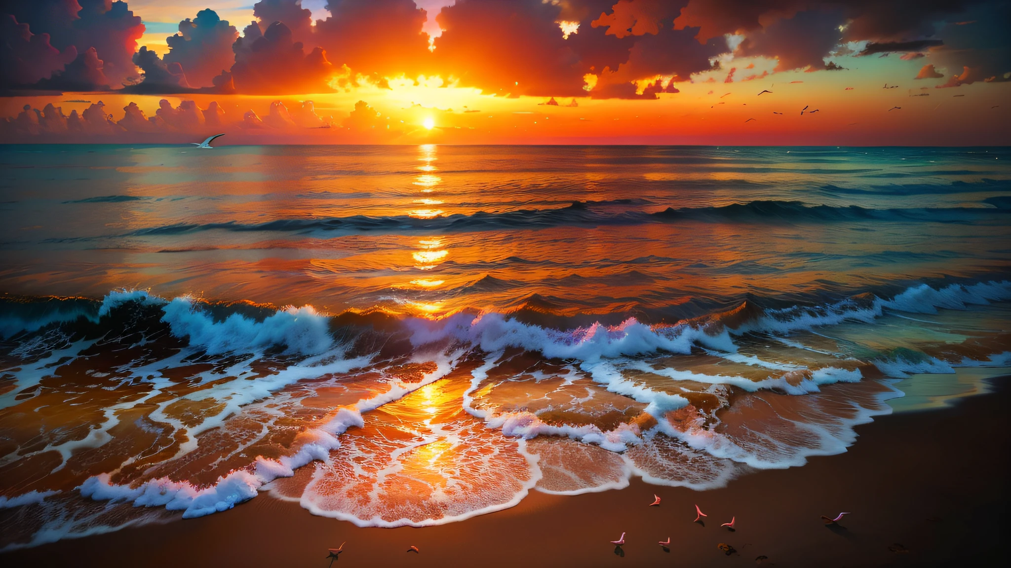 A mesmerizing sunset on the beach with oranges, pinks and yellows that fill the sky. The crystal clear waters gently envelop the coast and the sandy expanse stretches out. Seagulls soaring high into the sky and palm trees swaying gently combine to create a dynamic and breathtaking sight. Soak in the calm atmosphere and feel at peace.