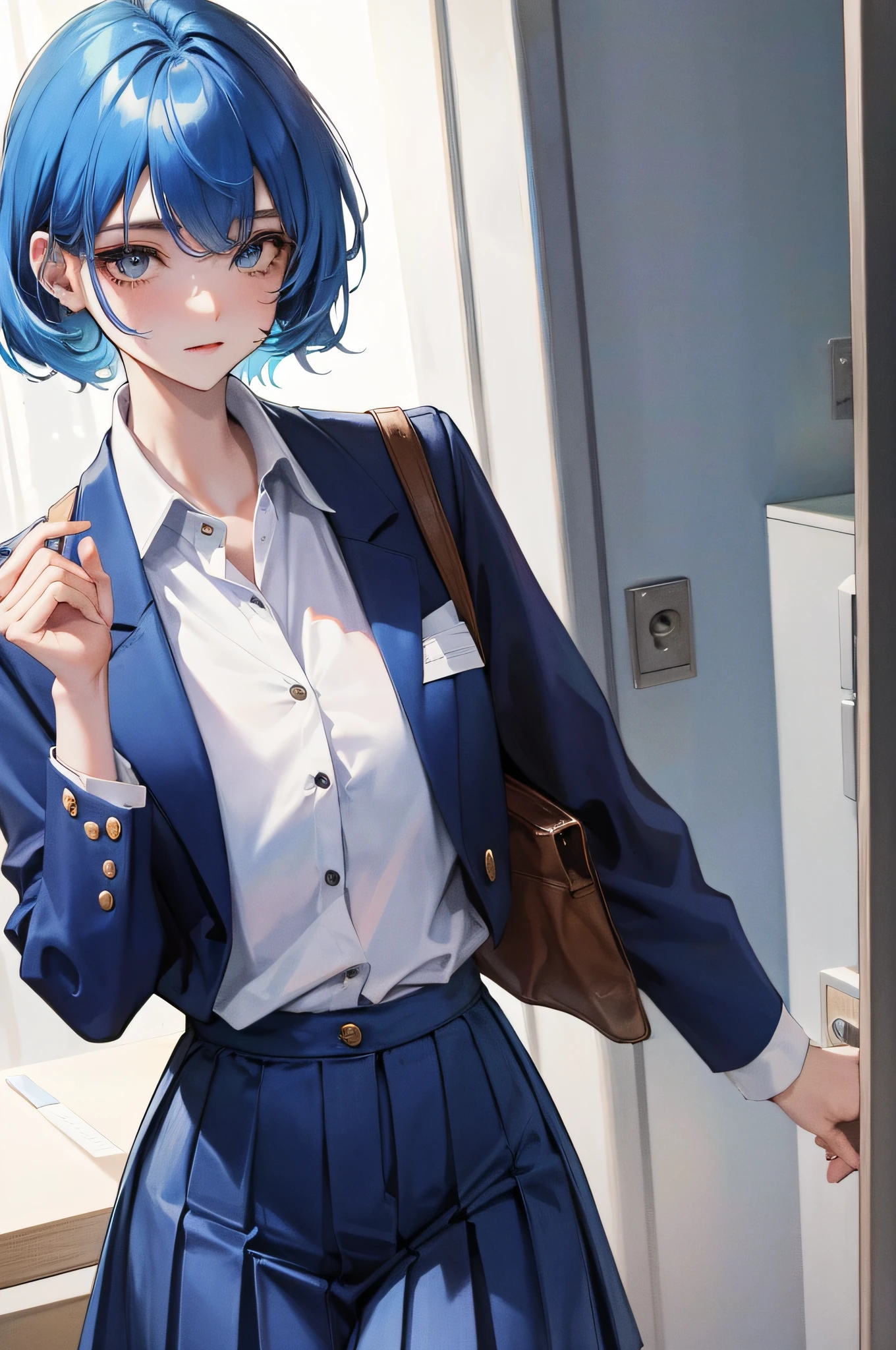 A woman wearing high school clothes, super sexy, with blue hair and charismatic look