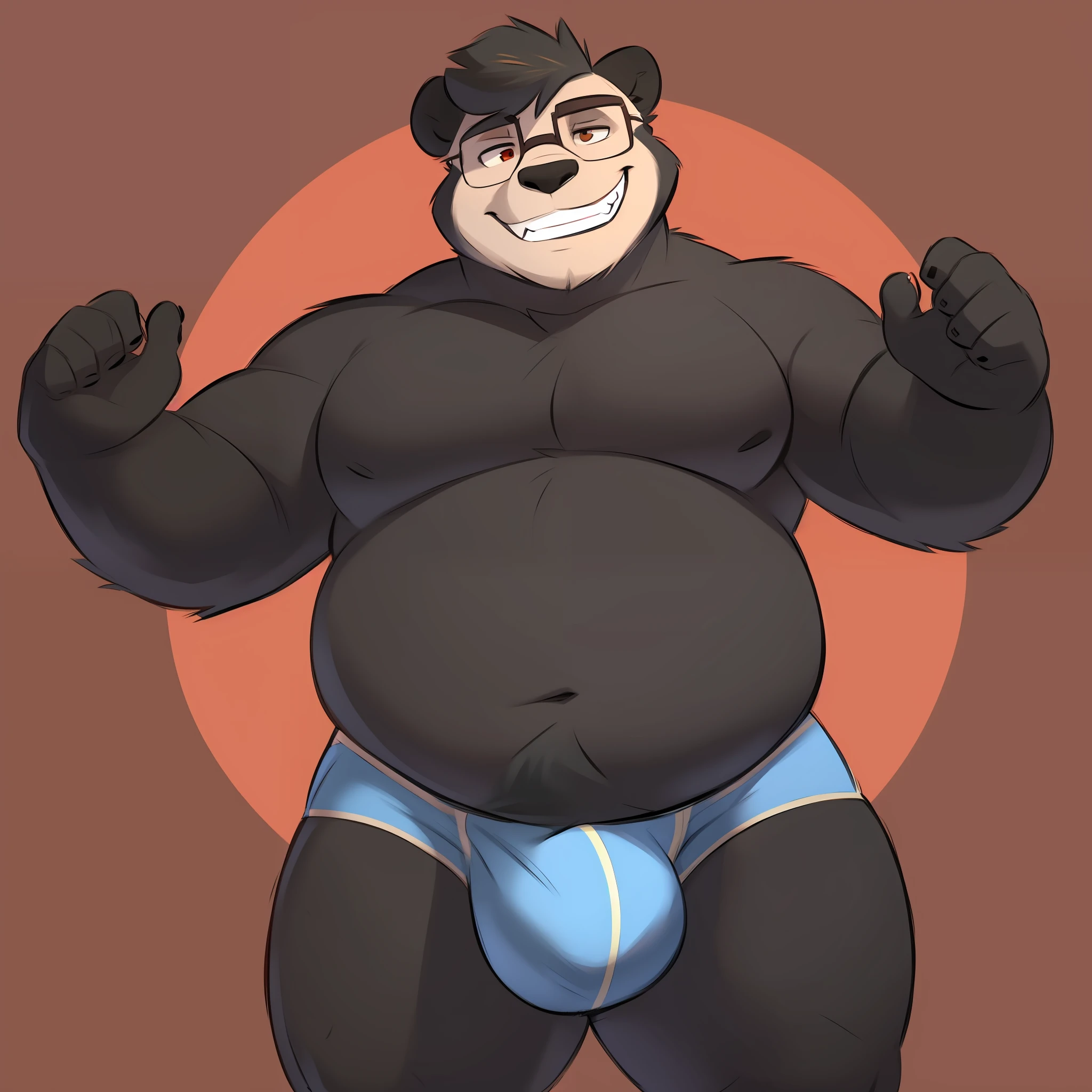 Solo, male, by minedoo, overweight, bulge, panda, underwear, hair, black hair, glasses, evil grin, rape face