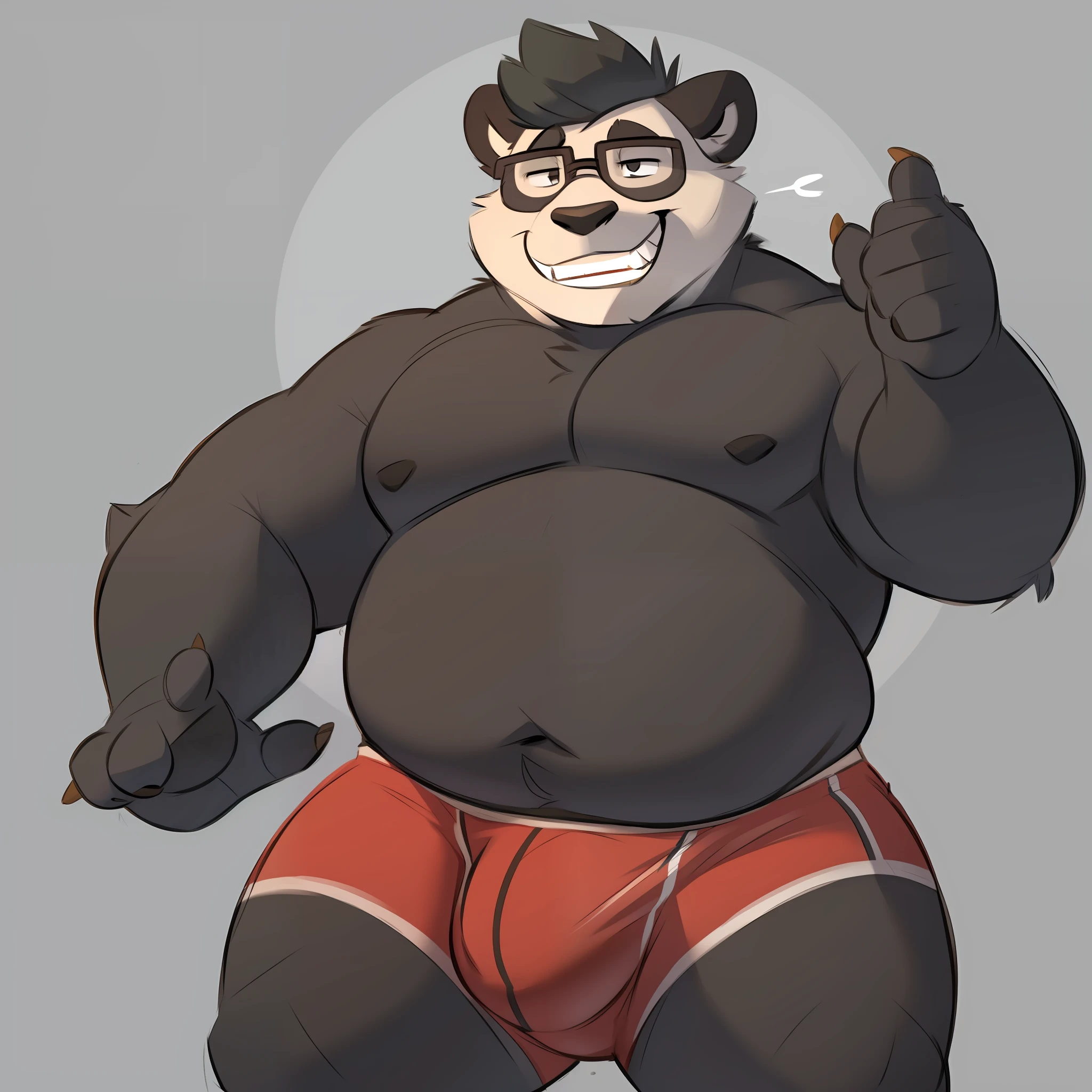 Solo, male, by minedoo, overweight, bulge, panda, underwear, hair, black hair, glasses, evil grin, rape face