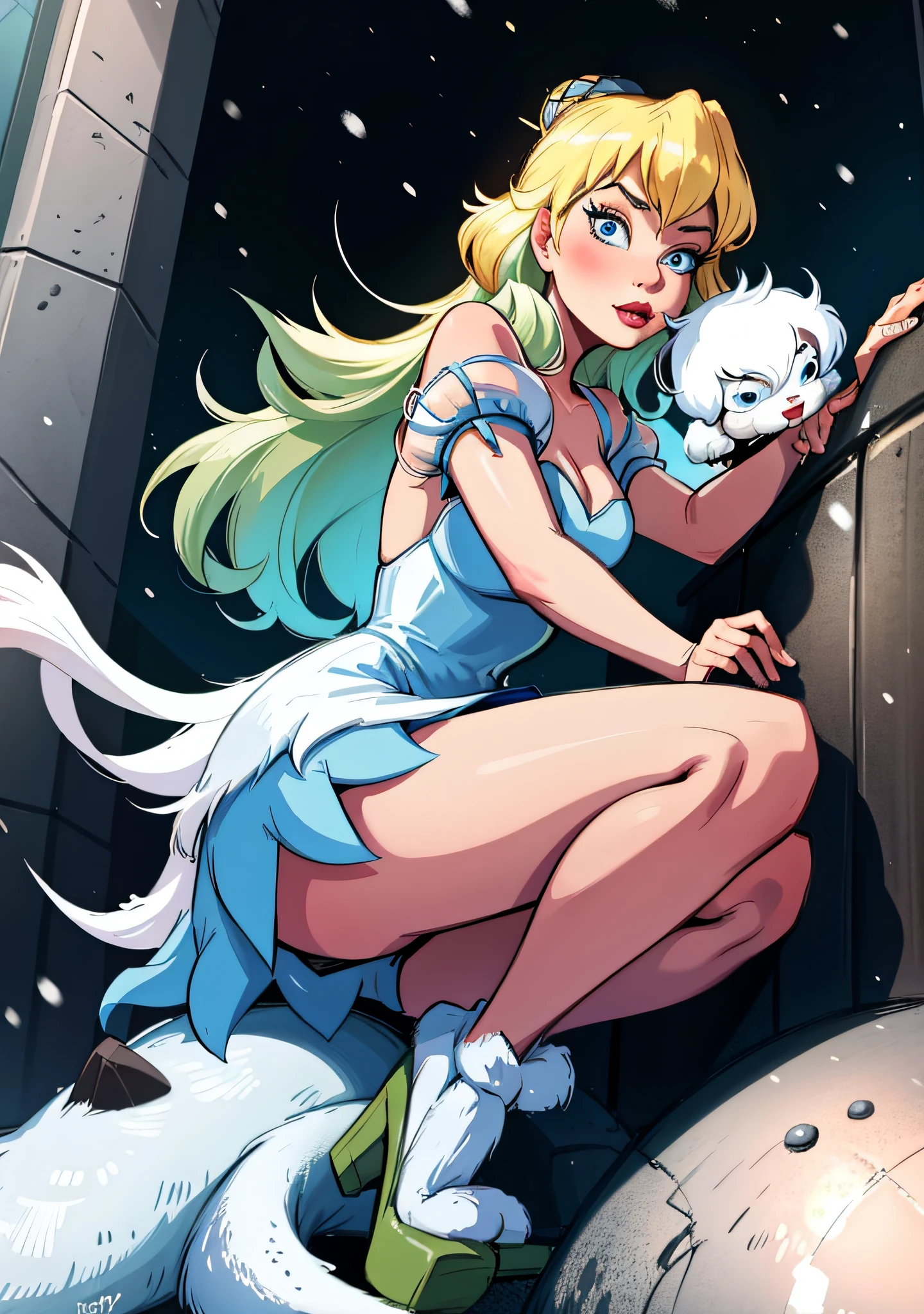 Snow white princess, super detailed, cute animals on the scene, cute pets