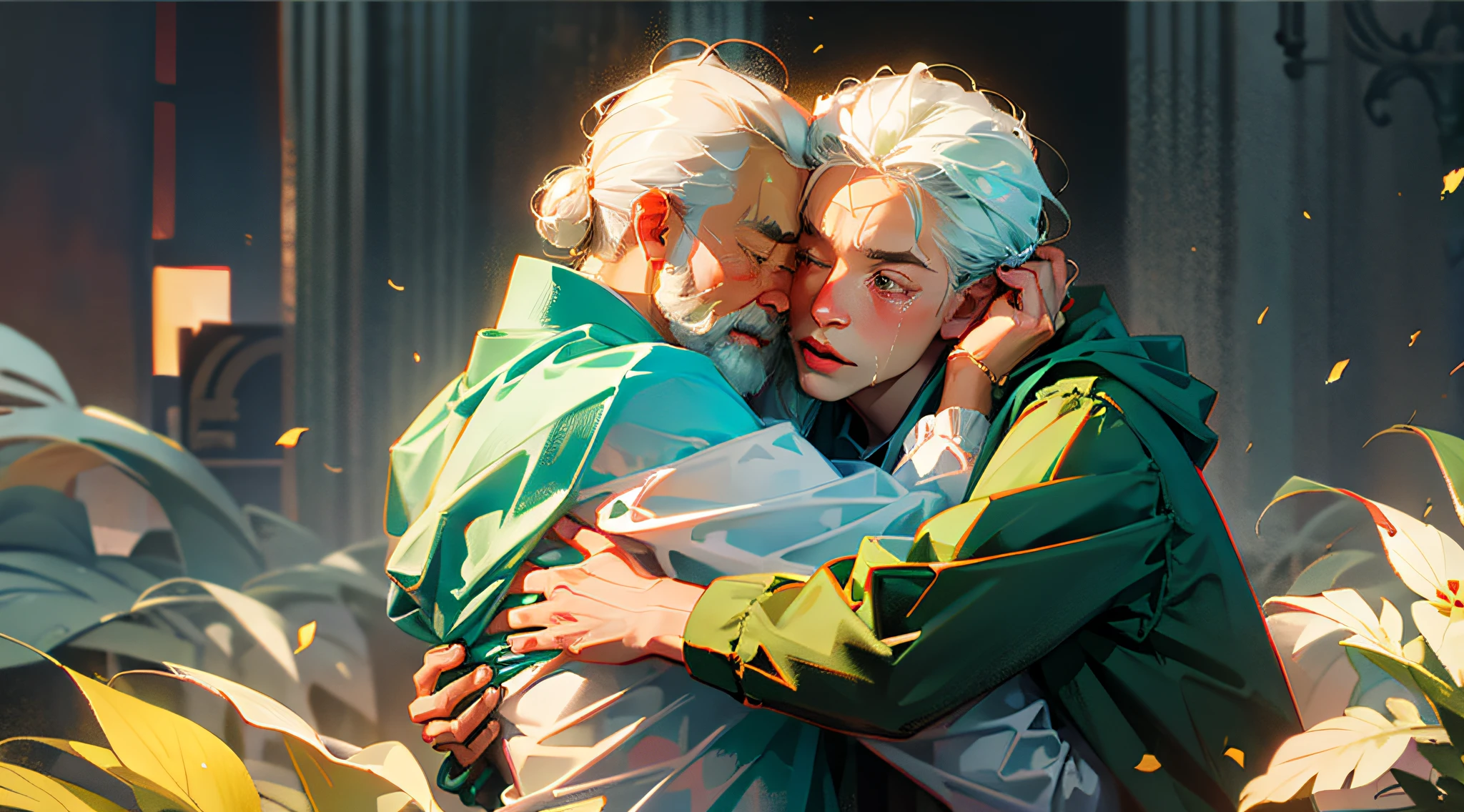 Raise two old men hugging, crying, asking each other for forgiveness --auto --s2