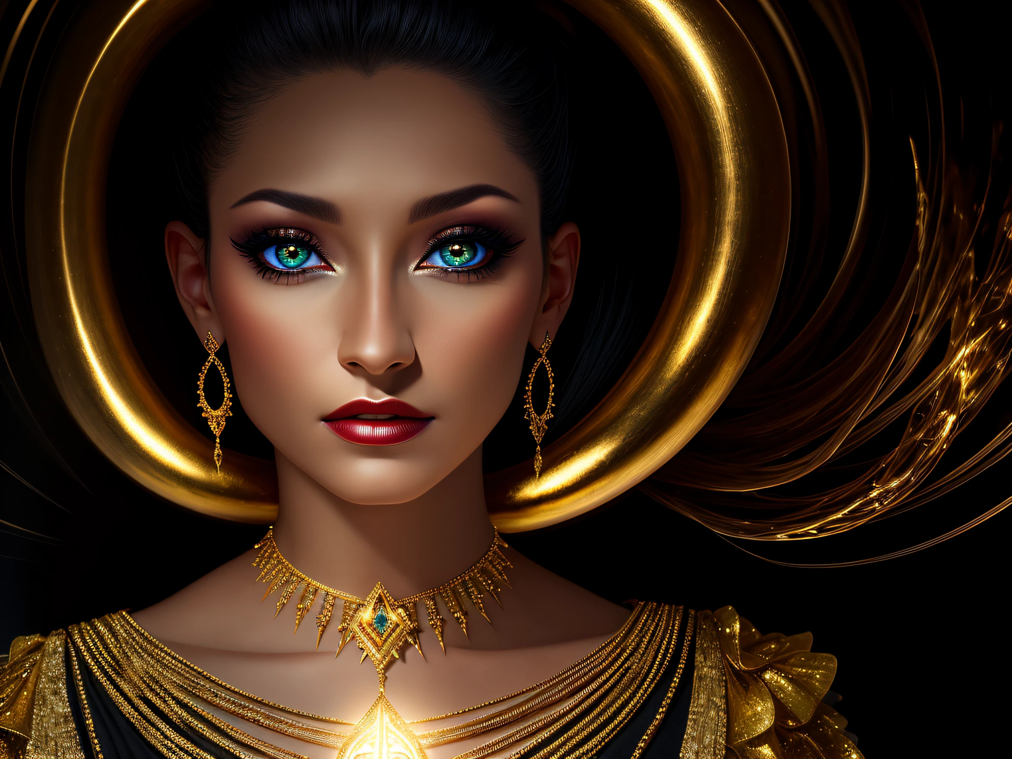 Darkness Devil and gold Cristina Aguilera, photorealistic, hyperrealistic, perfect composition, perfect eyes, perfect body, perfect illumination, gold ocean, full body portrait