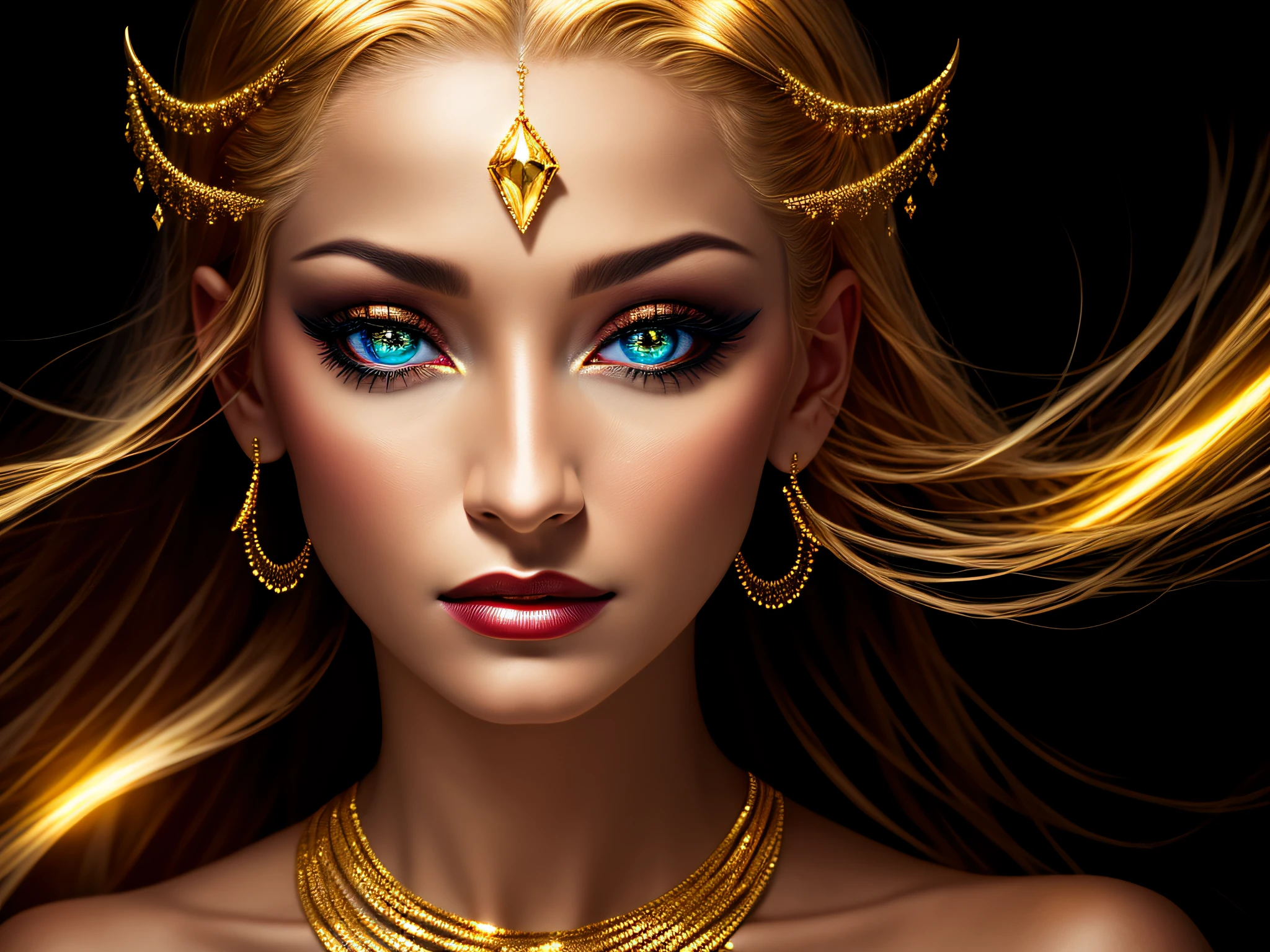 Darkness Devil and gold Cristina Aguilera, photorealistic, hyperrealistic, perfect composition, perfect eyes, perfect body, perfect illumination, gold ocean, full body portrait