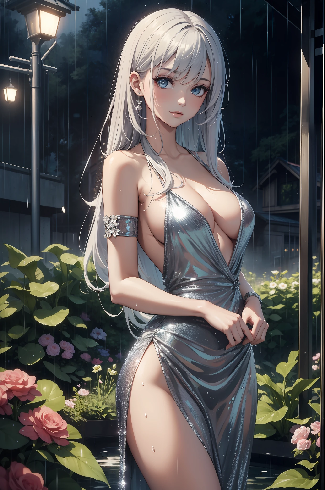 best quality, masterpiece, absurdres, 1woman, solo, beautiful, sexy, seductive, in a dystopian flower garden, beautiful silver sequin dress, night, rain, wet, long hair