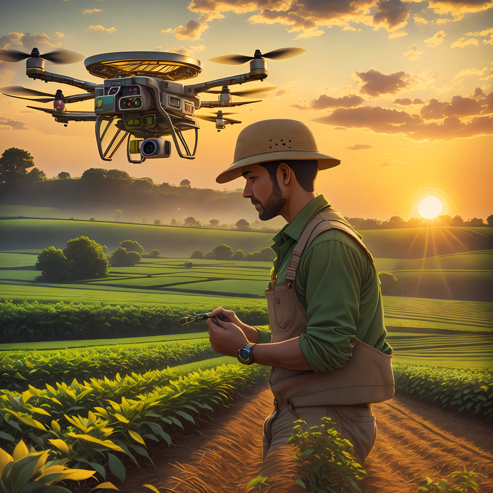 Imagine a scene of a modern farm in full activity, illuminated by the setting sun. In the center of the image, a rugged, experienced farmer, dressed in work clothes, looks up, watching a high-tech drone hovering in the sky. The drone, shining in the sunlight, is equipped with cameras and sensors, representing the fusion of agriculture and technology. The surrounding farm is green and fertile, with rows of plantations stretching to the horizon. Use a high-resolution DSLR camera, such as the Canon EOS 5D Mark IV, with a 50mm lens to capture this scene in vivid detail. The lighting should be natural, with the setting sun providing a golden glow to the scene. The colors should be rich and saturated, with vibrant greens of the plantations and the sky clear blue. The composition should be balanced, with the farmer and the drone in the center, and the vast farm stretching around them. --Air 16:9 --V 5.1 --Style Raw --Q 2 --s 750