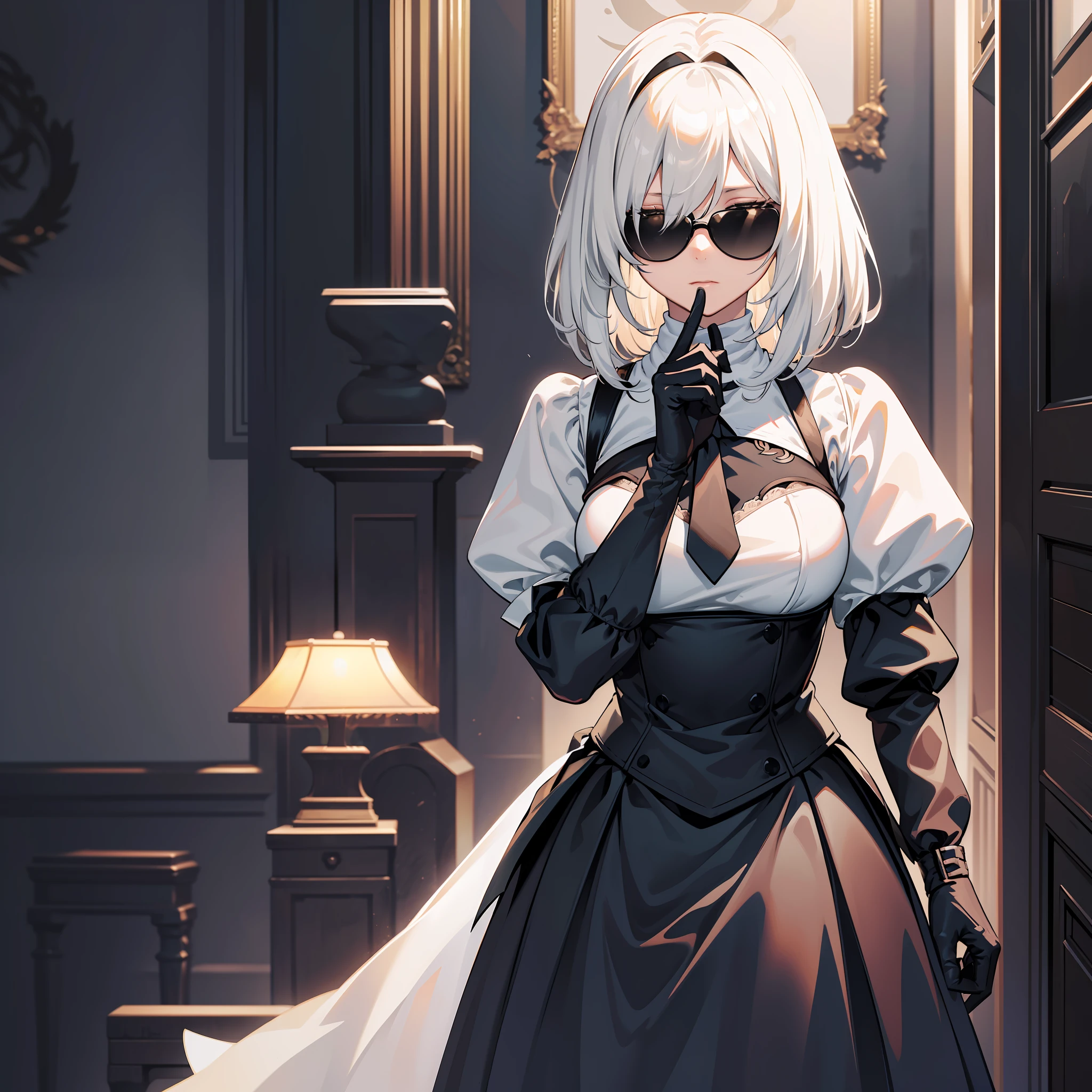 masterpiece, best quality, solo, (yorha no. 2 type b:1.14), (portrait:1.1), (upper body:1.1), medium breasts, expressionless, 1girl, solo, (ruffling hair, messy hair:1.1), medium hair, white hair, background inside the room, best quality, ultra detailed, 1girl, solo, standing, medium hair, fringes, white shirt, tie, long black skirt, black gloves, round black glasses, sunglasses,  totally black glasses, hiding the eyes, does not show the eyes, round glasses