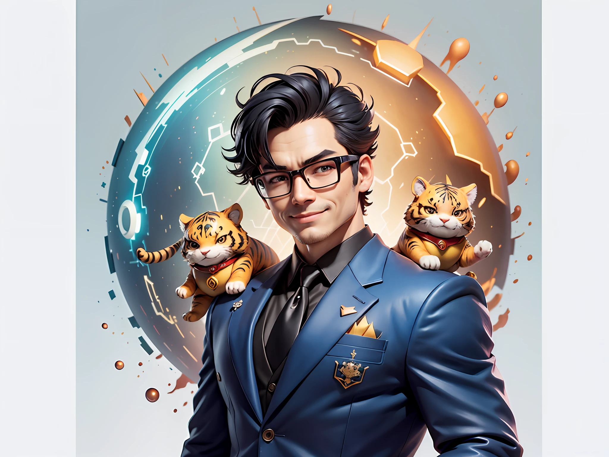 (Masterpiece), (Extreme Quality), (Super Meticulous), (Full Body: 1.2), Super Young Man, Chinese Dragon, Tiger, Wind God Thor, Sexy, Bursting, Oriental Face, TV Anchor, Bust Portrait Illustration, Black Formal Suit, Blue Tie, Slightly Chubby Face, Silver Glasses, Very Clean Face, No Beard on Chin, Black Super Short Hair, Black Eyes, Confident Smile, 3c Computer Sub-Products, iPad, iPhone, Digital Painting, 3D Character Design by Mark Claireden and Pixar and Hayao Miyazaki and Akira Toriyama, The illustration is a high-definition illustration in 4K resolution with very detailed facial features and cartoon-style visuals.