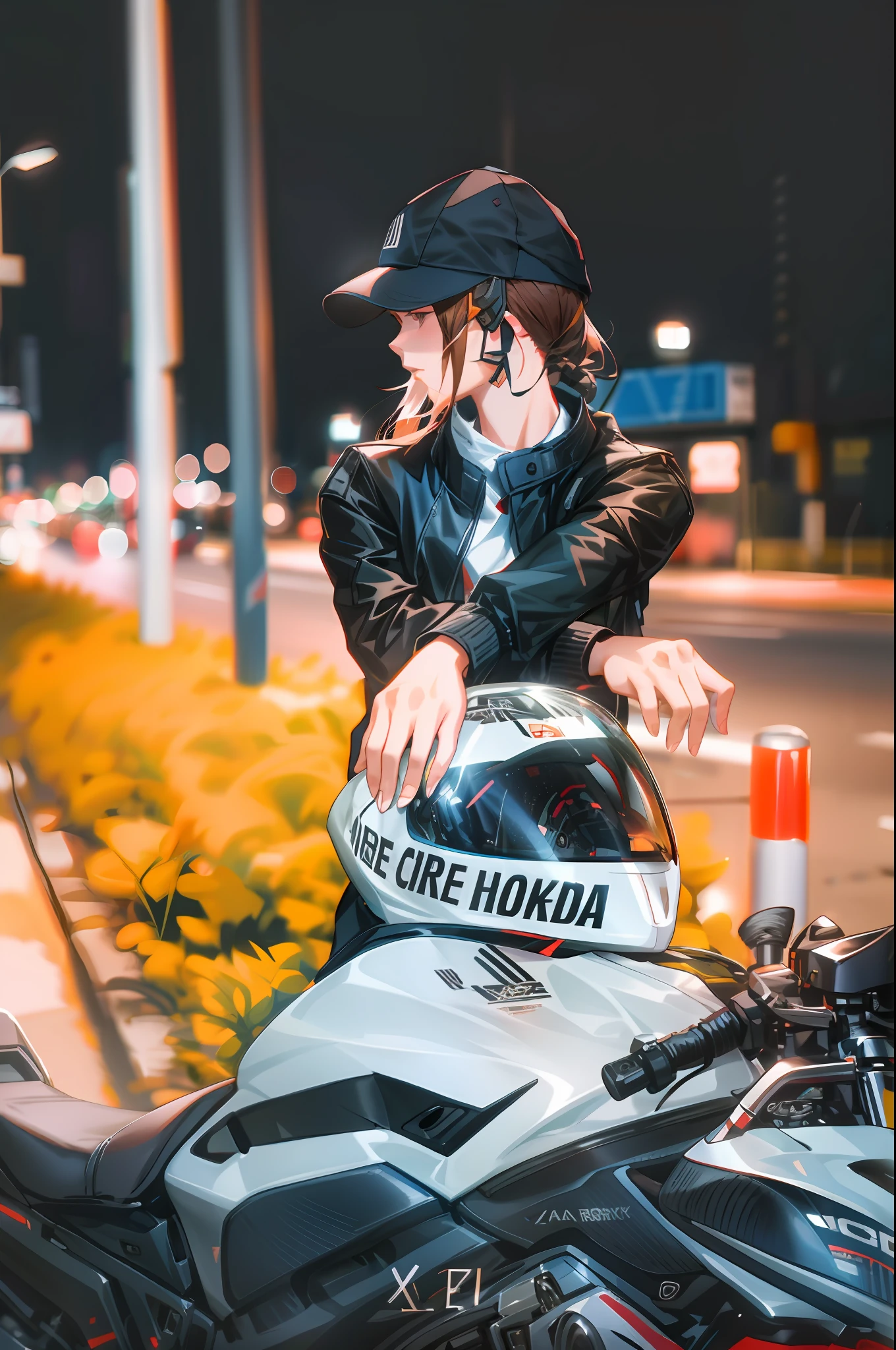 (Street fashion photography + technology elements), dark texture Arad female rider, black jacket hat, motorcycle walking in the wind, sports headband, sunset-like tones, full of artistic sense, Canon EOS 5D Mark IV captures this unforgettable moment.