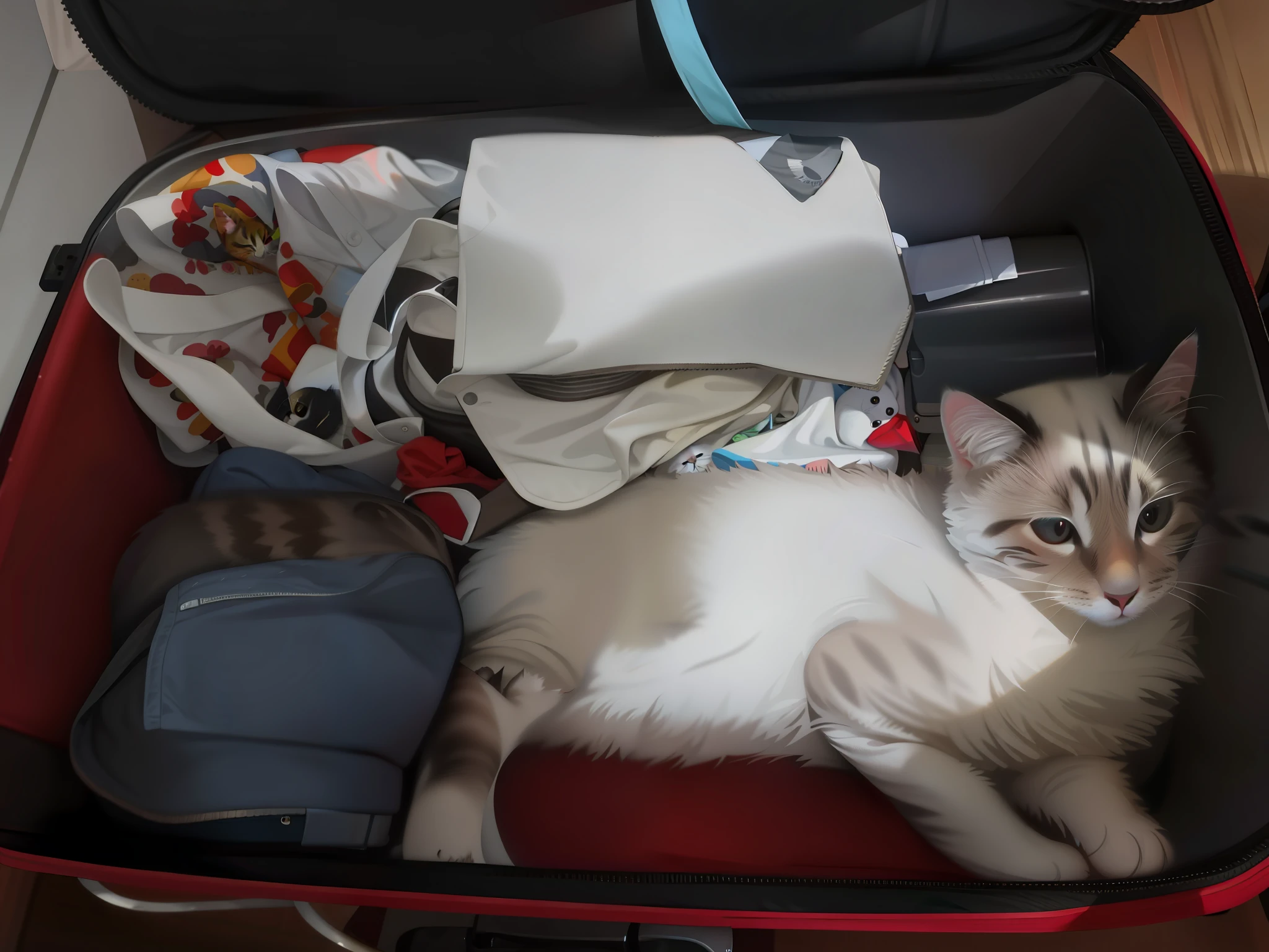 ( has a cat that is lying in a suitcase with clothes,, travel clothes, with a lot of things around, he is very relaxed , eyes open, cute eyes ) rich in detail, realistic drawing style, high resolution, 4k wallpaper, best quality, (red color suitcase), realistic hair
