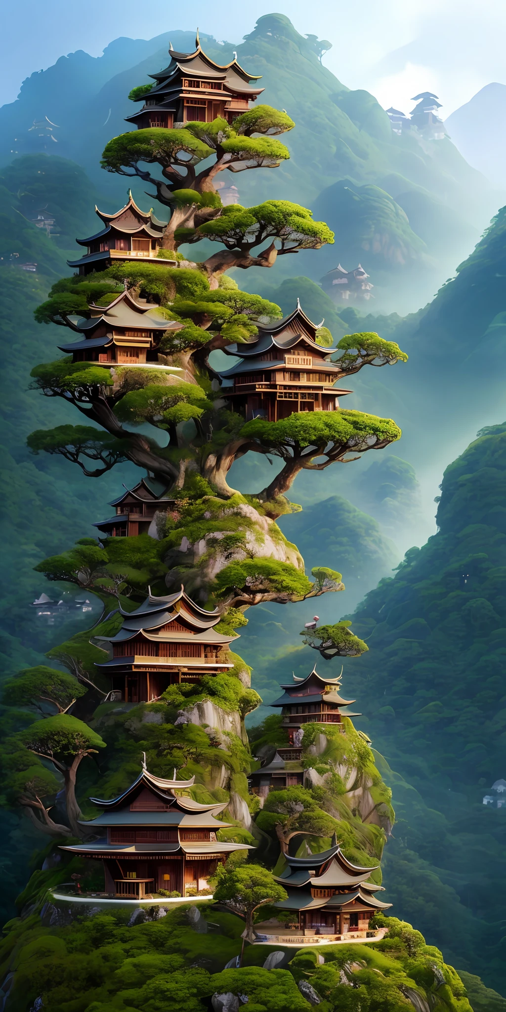 trees growing on the side of a mountain with a house on top, made of tree and fantasy valley, city buildings on top of trees, tree town, fantasy matte painting，cute, mountainous jungle setting, anime nature, bonsai tree house, roofed forest, vertical wallpaper, dreamy chinese town, extravagant matte painting, beautiful mattepainting, village in the woods