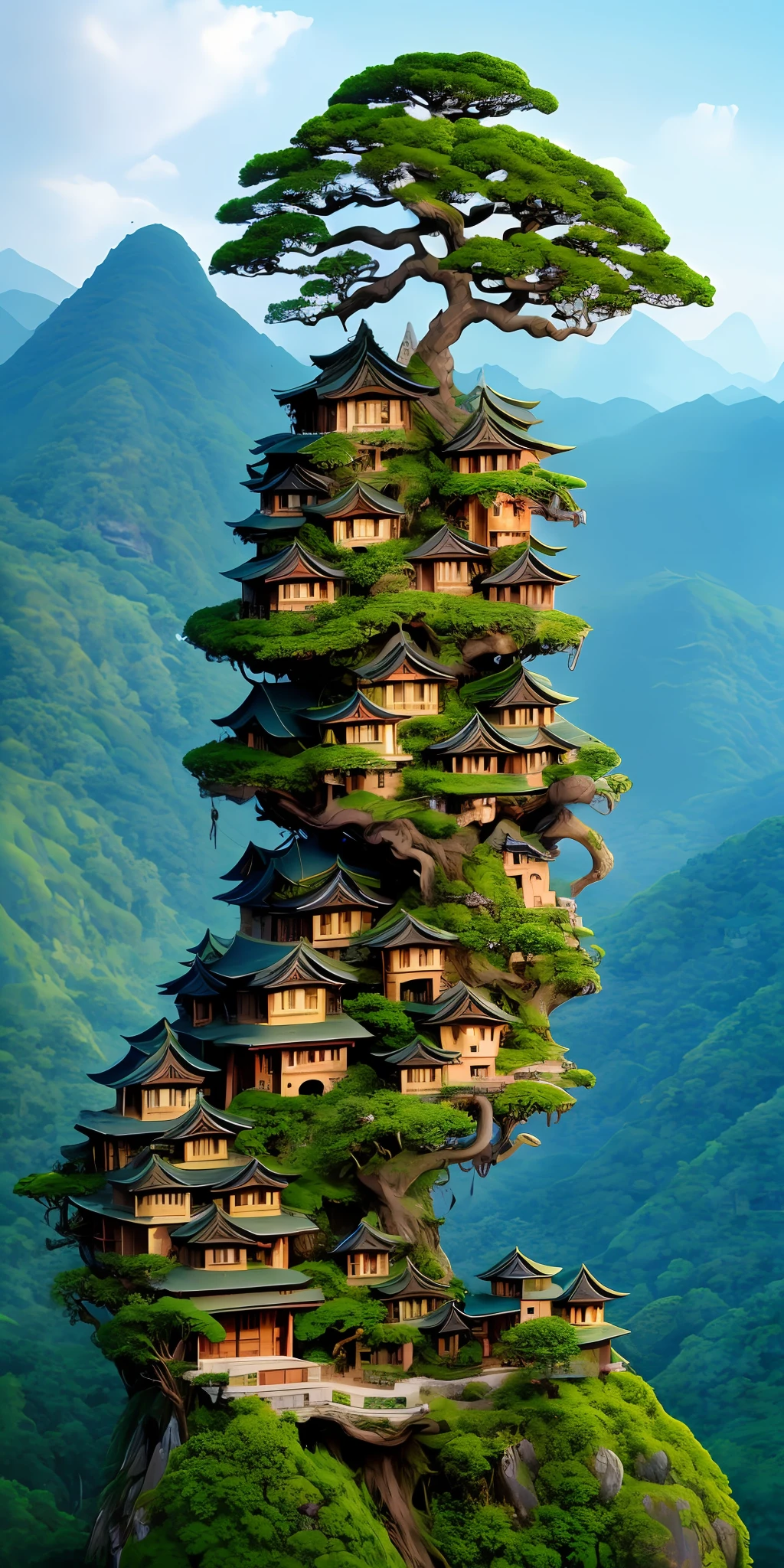 trees growing on the side of a mountain with a house on top, made of tree and fantasy valley, city buildings on top of trees, tree town, fantasy matte painting,cute, mountainous jungle setting, anime nature, bonsai tree house, roofed forest, vertical wallpaper, dreamy chinese town, extravagant matte painting, beautiful mattepainting, village in the woods
