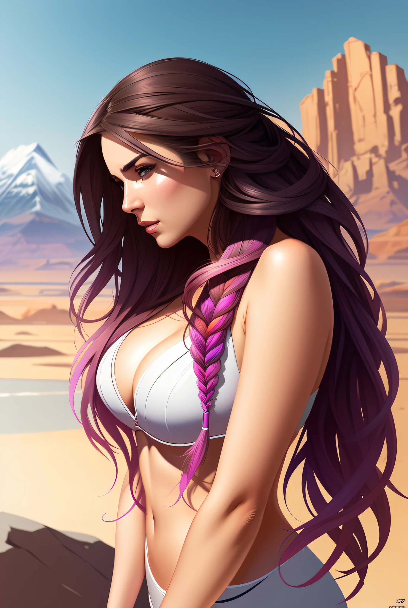 a beautiful 24yo female, pokimane,
american,
(hand behind head),
open robe,
confident,
braided streaked hair,
((full body)), perfect eyes,
(mountain background),
(photorealistic), hyperrealism, highly detailed, concept art, absurd res, backlighting, colorful, concept art, smooth, sharp focus, illustration, award-winning, 8K, hq, hrd, art by greg rutkowski, art by wlop