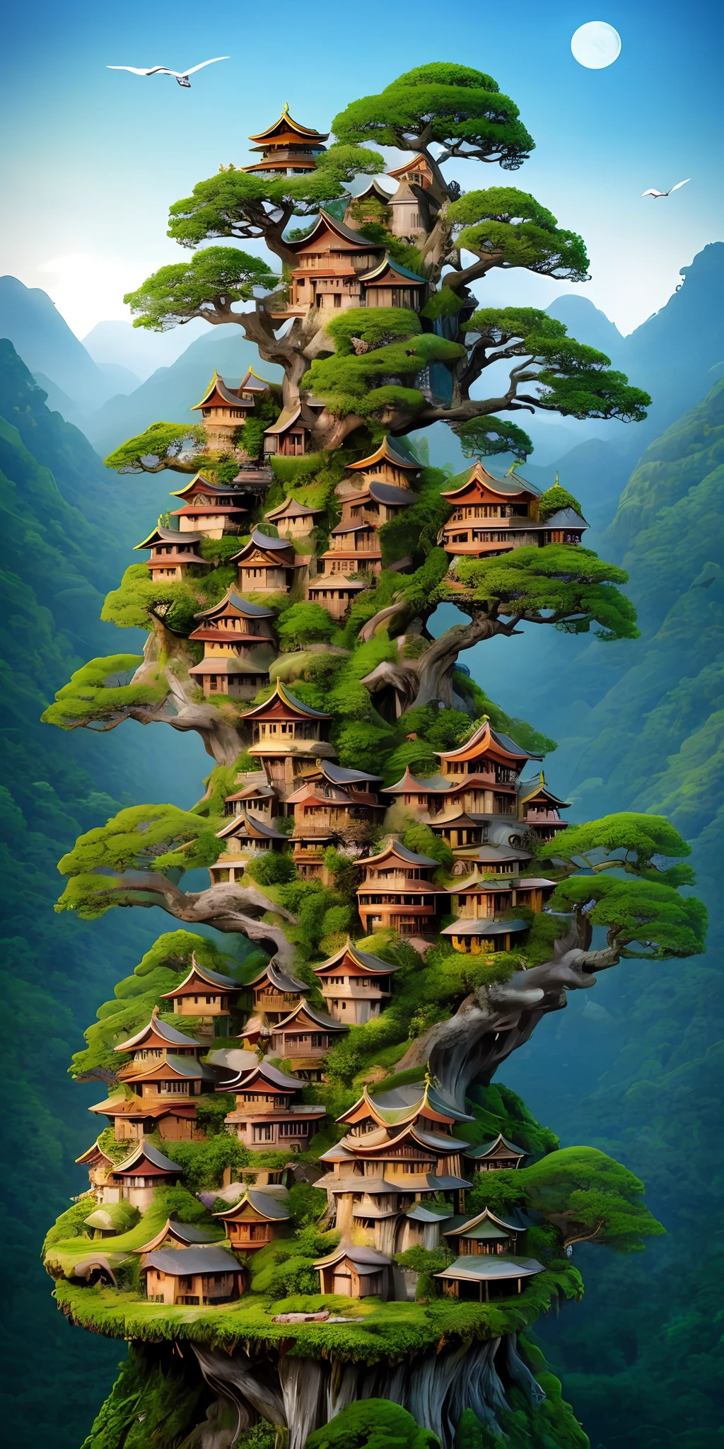 trees growing on the side of a mountain with a house on top, made of tree and fantasy valley, city buildings on top of trees, tree town, fantasy matte painting，cute, mountainous jungle setting, anime nature, bonsai tree house, roofed forest, vertical wallpaper, dreamy chinese town, extravagant matte painting, beautiful mattepainting, village in the woods
