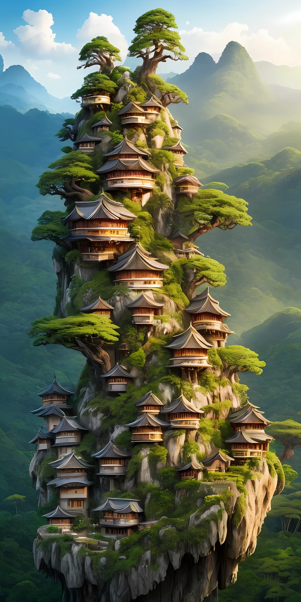 trees growing on the side of a mountain with a house on top, made of tree and fantasy valley, city buildings on top of trees, tree town, fantasy matte painting，cute, mountainous jungle setting, anime nature, bonsai tree house, roofed forest, vertical wallpaper, dreamy chinese town, extravagant matte painting, beautiful mattepainting, village in the woods