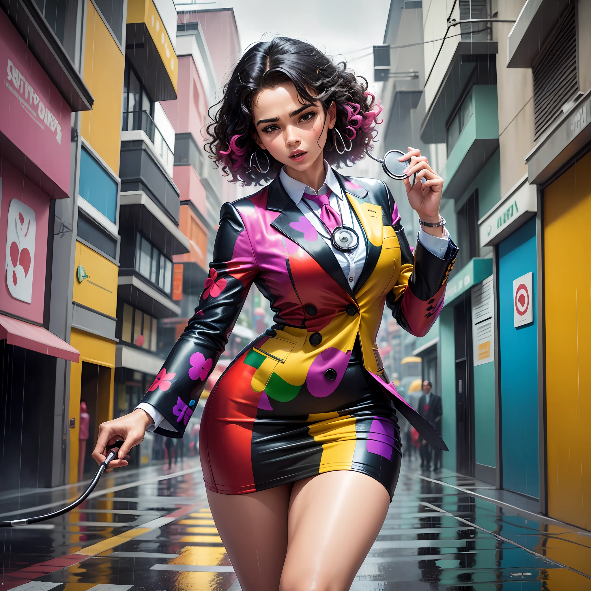 Brazilian doctor, suit dress, stethoscope on the neck, dancing in the street, cars on both sides of the street and a heavy rain. The atmosphere was vibrant and full of colors reminiscent of Romero Britto's art style.