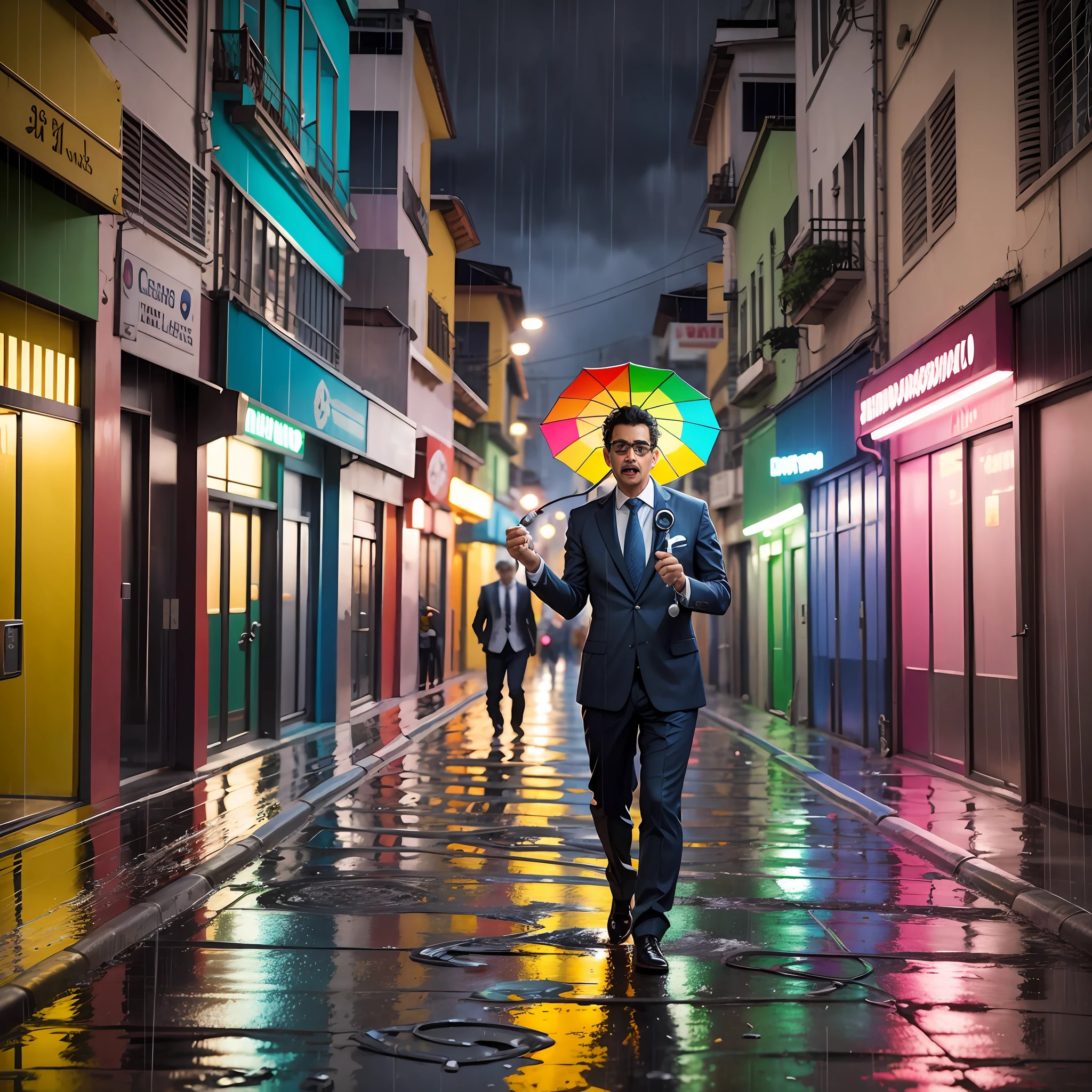 Brazilian doctor, suit dress, stethoscope on the neck, dancing in the street, cars on both sides of the street and a heavy rain. The atmosphere was vibrant and full of colors reminiscent of Romero Britto's art style.