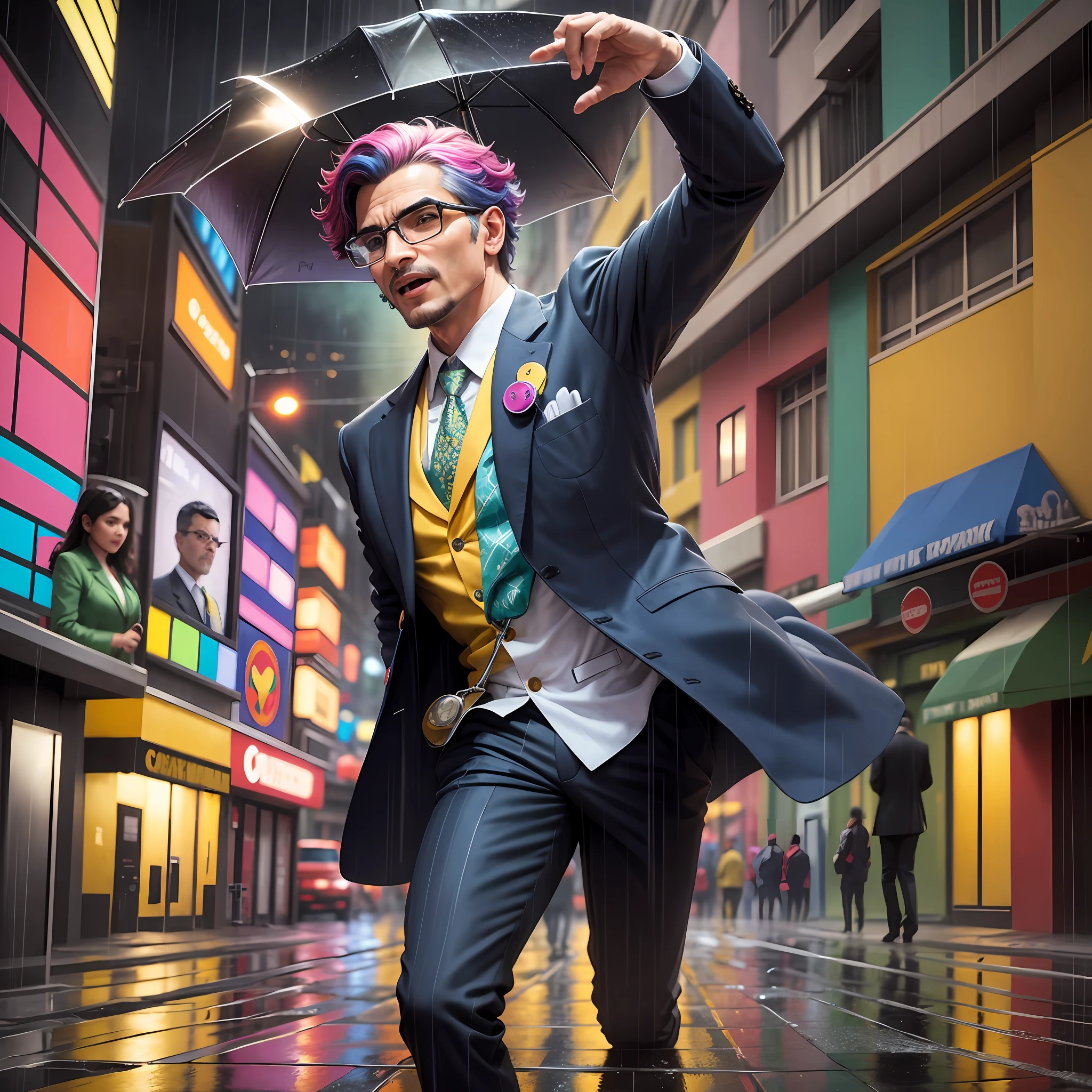 Brazilian doctor, suit dress, stethoscope on the neck, dancing in the street, cars on both sides of the street and a heavy rain. The atmosphere was vibrant and full of colors reminiscent of Romero Britto's art style.